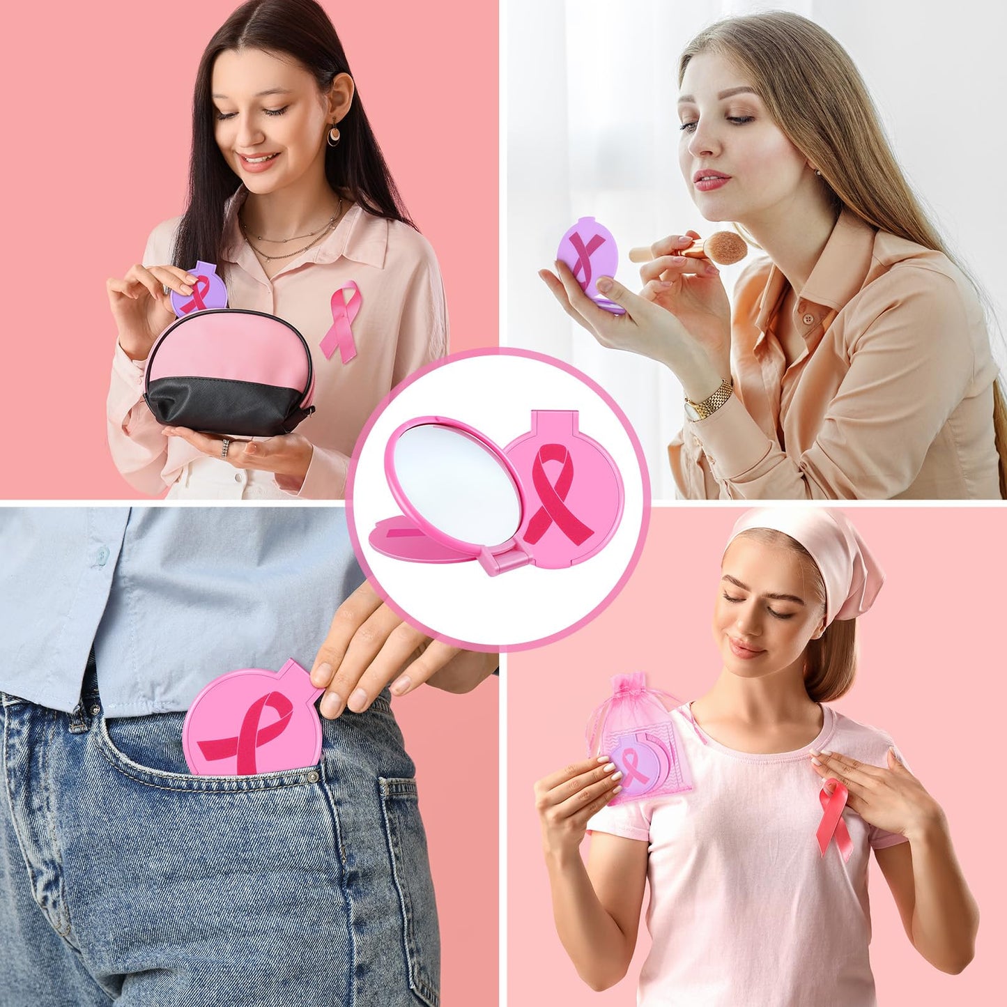 clothmile 100 Sets Breast Cancer Awareness Gifts Include 50 Pink Ribbon Mini Folding Makeup Mirrors 50 Pink Cards 50 OPP Bags for Girls Women Survivor Party Favors Supplies