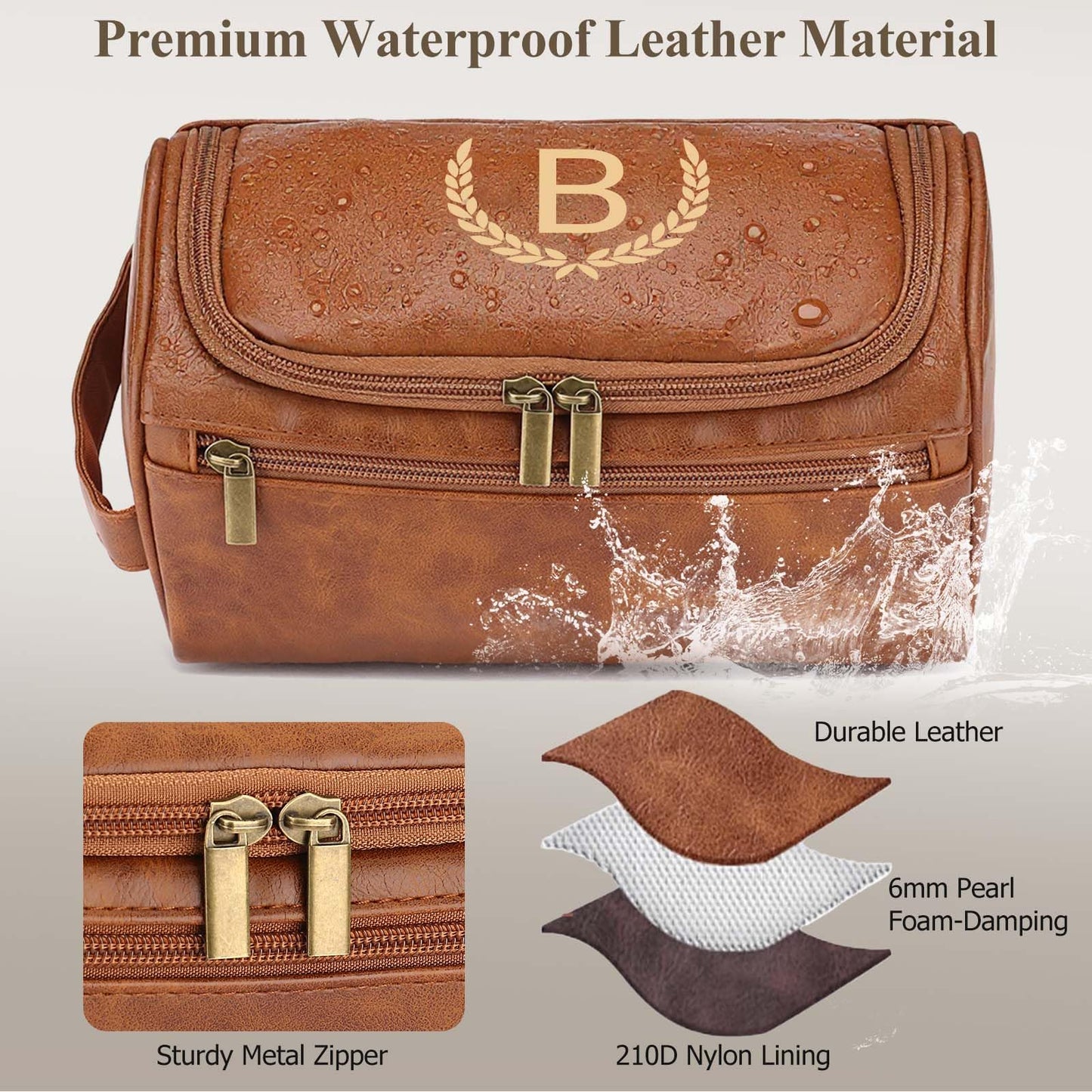 OXYEFEI Personalized Toiletry Bag for Men,Personalized Gifts for Men,Engraved Initial PU Leather Mens Toiletry Travel Shaving Travel Essentials Toiletries Bag for Him Birthday (K, Light Brown)