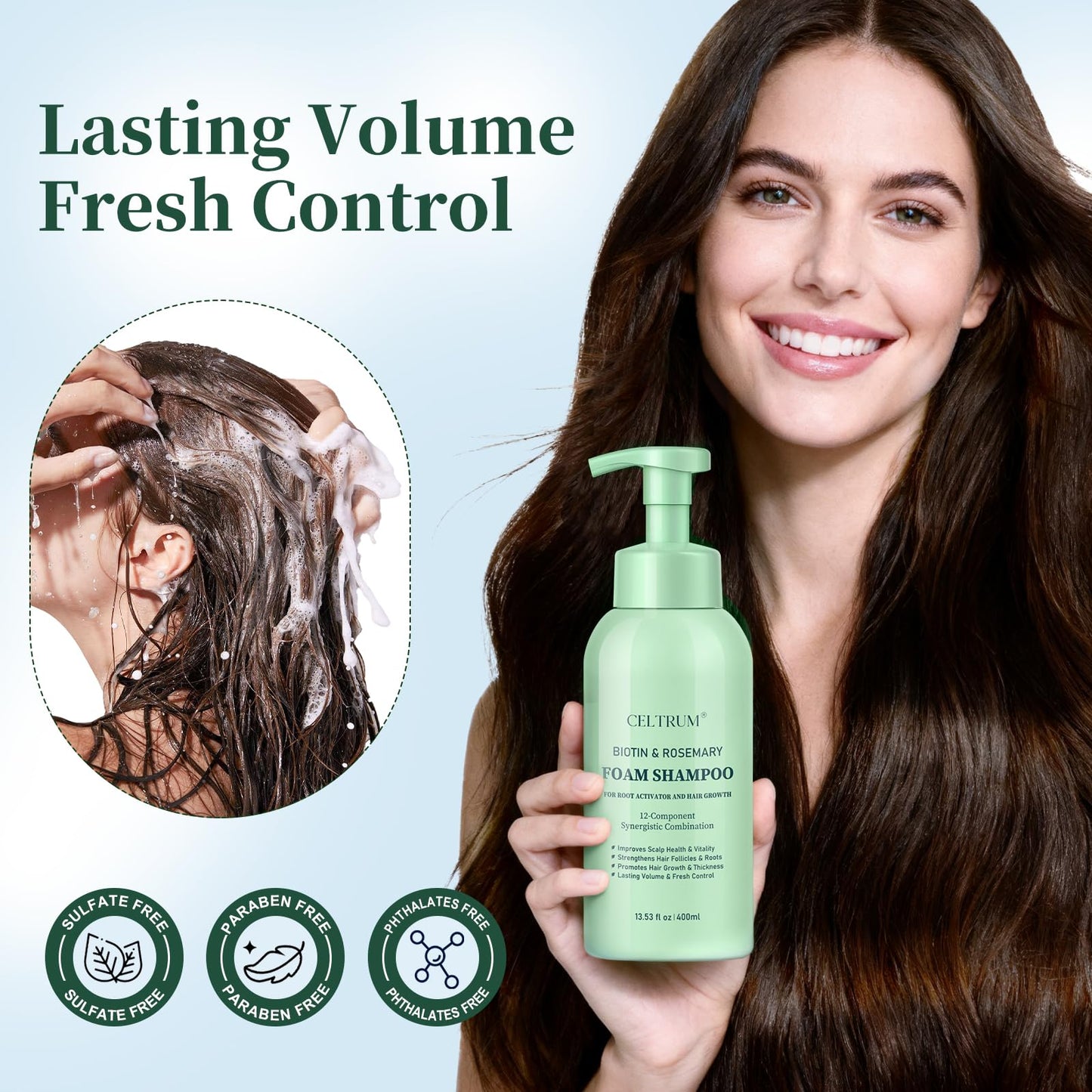 Foam Shampoo with Biotin & Rosemary for Hair Growth, Root Activator for Men and Women, 12-Component Synergistic Blend for Visibly Thicker Hair - 13.53 fl oz (Pack of 2)