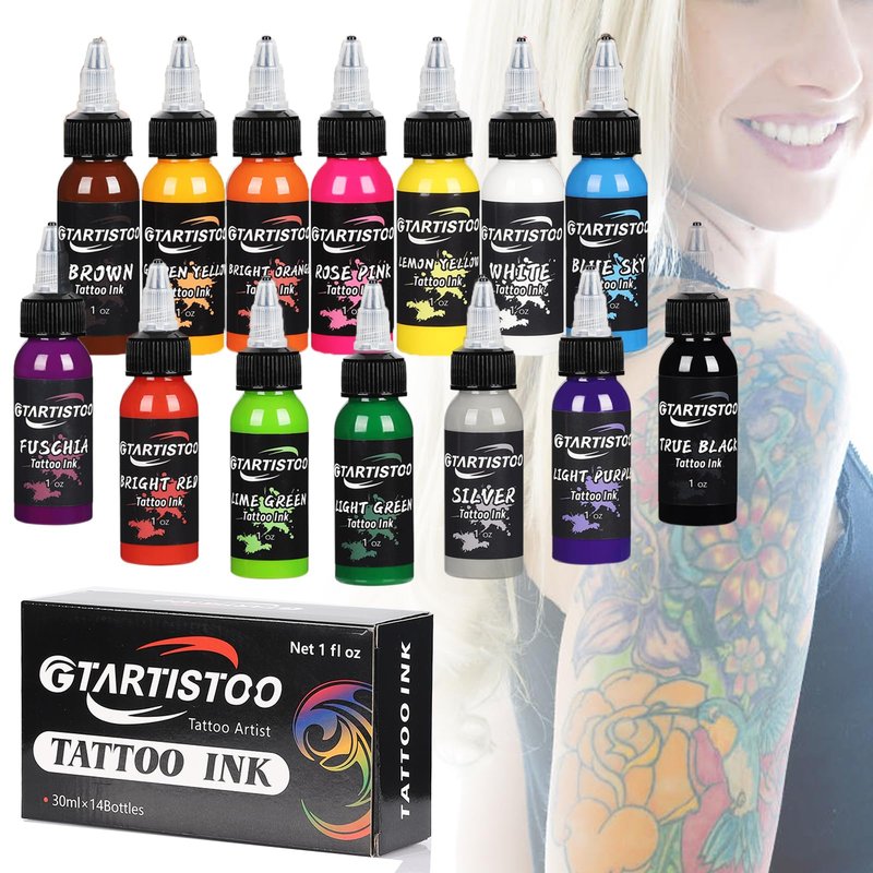 14 Colors Tattoo Ink Set 1oz (30ml) GTARTISTOO Professional Vegan-Friendly Pigment Tattoo Inks Color Kit Supplies