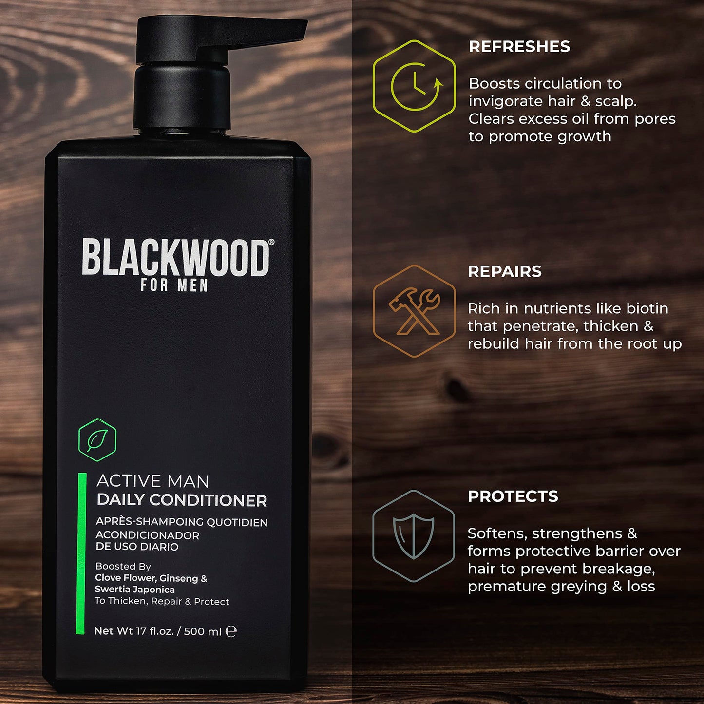 BLACKWOOD FOR MEN Active Man Daily Conditioner (17oz) and Pure Moisture Body Wash (17oz) Bundle - Natural Vegan Formula - Sulfate Free, Paraben Free, & Cruelty Free