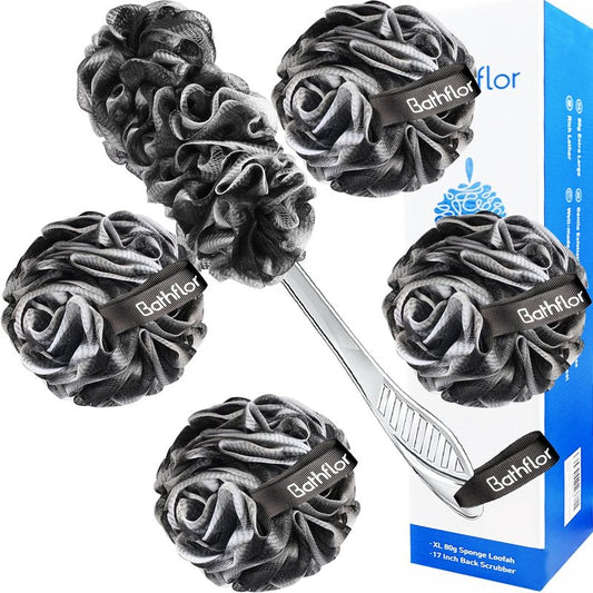 Bathflor Loofah Sponge, 6-in-1 Loofahs for Men Women, 80g Large Shower Exfoliating Body Scrubber, 4 Bath Sponge Loofa Packs, 1 Loofah with Handle Body Wash Back Scrubber, 1 Luffa Hook, Colors