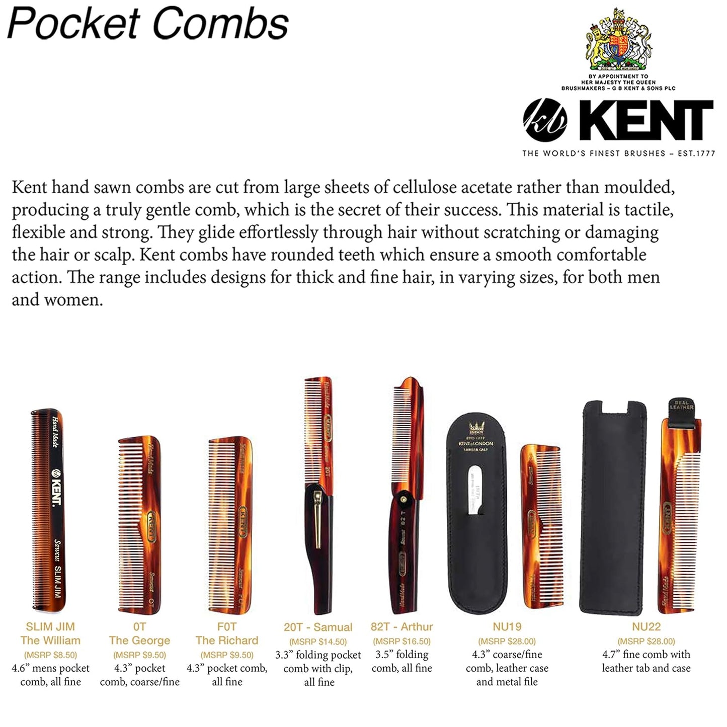 Kent Gift Set NU19 | Fine & Wide Tooth Pocket Comb for Hair, Mustache & Beard | Travel Set with Leather Pouch & Nail File