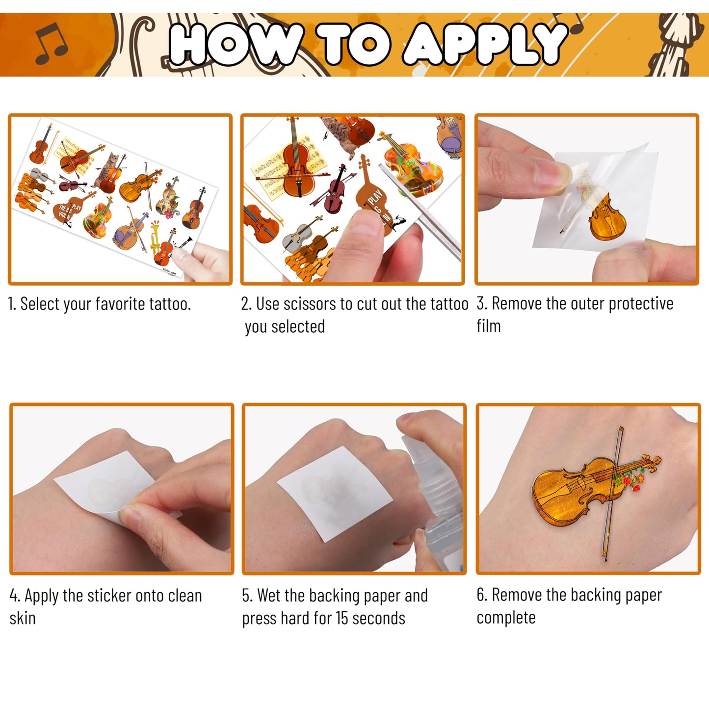 96PCS Violin Temporary Tattoos Music Themed Birthday Party Decorations Favors Supplies Decor Musical Instrument Orchestral Violinist Tattoo Stickers Gifts For Kids Boys Girls School Prizes Carnival