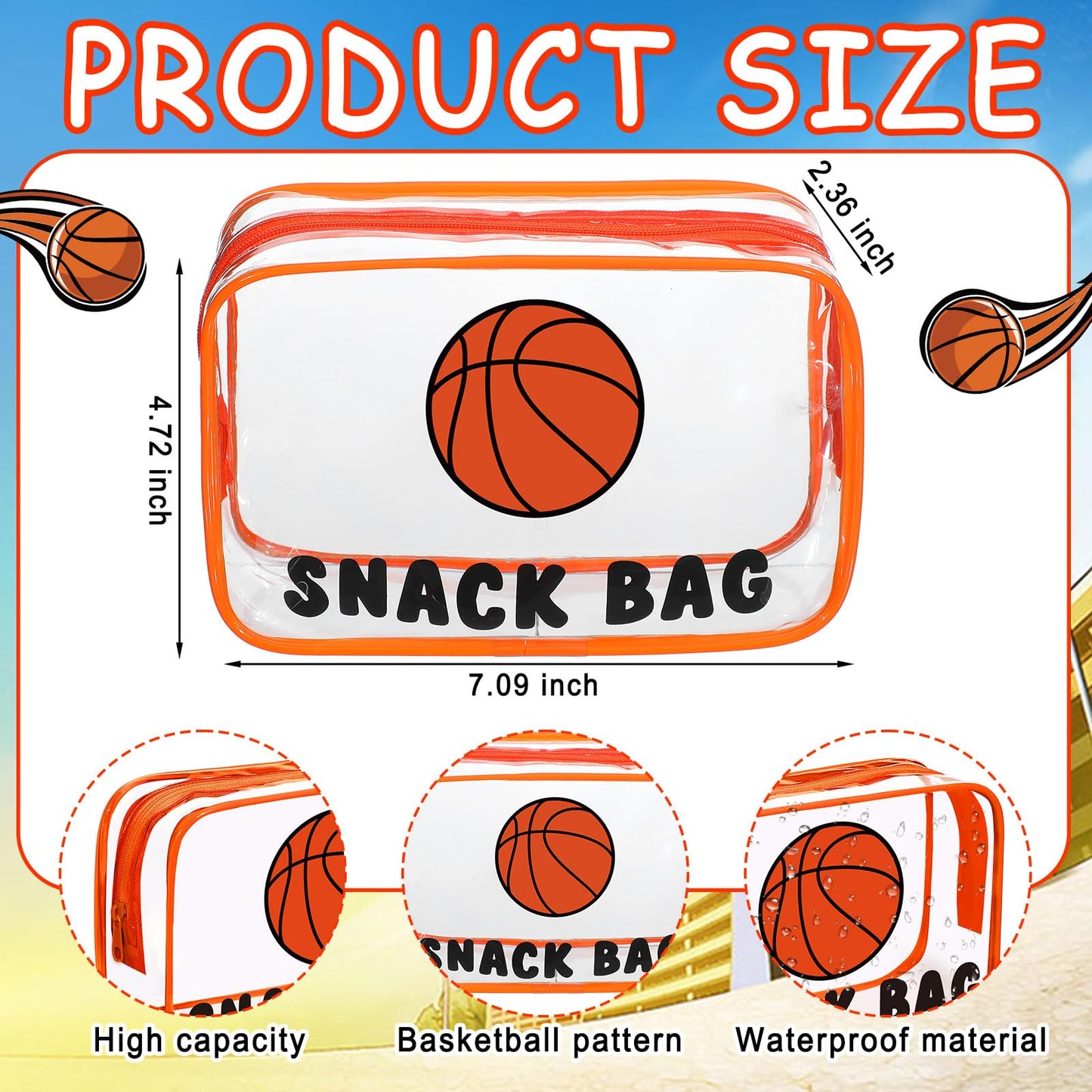 Yeyeplum 12 Pcs Basketball Snack Bags for Team Gifts Basketball Goodie Treat Candy Pouch Bags Clear PVC Waterproof with Zipper Party Favors for Team Ground Birthday Gifts Sport Supplies