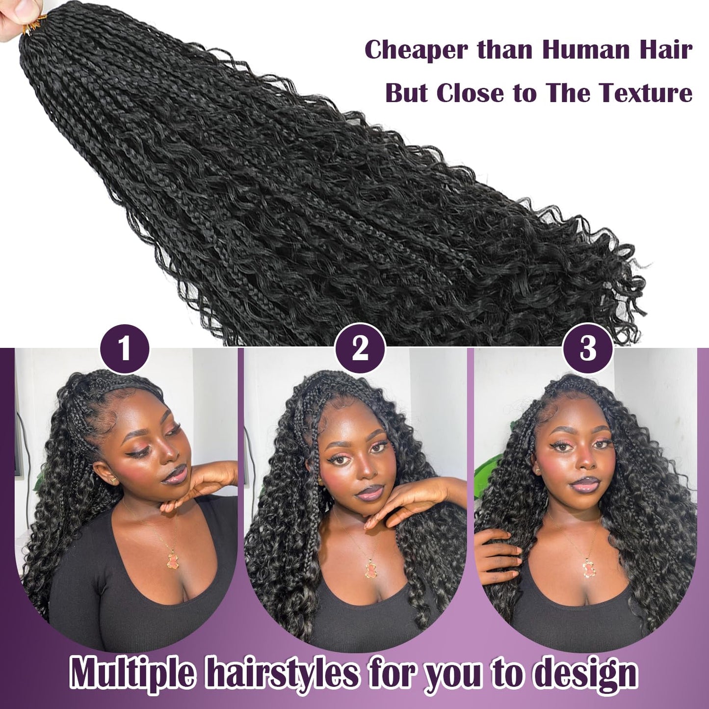 QQPIKHU 10 Packs Boho Crochet Braids Mix Protein Fiber 24 Inch Goddess Box Braids Crochet Hair Pre Looped Bohemian Box Braid with Curly Ends for Women Hair Extensions 1B