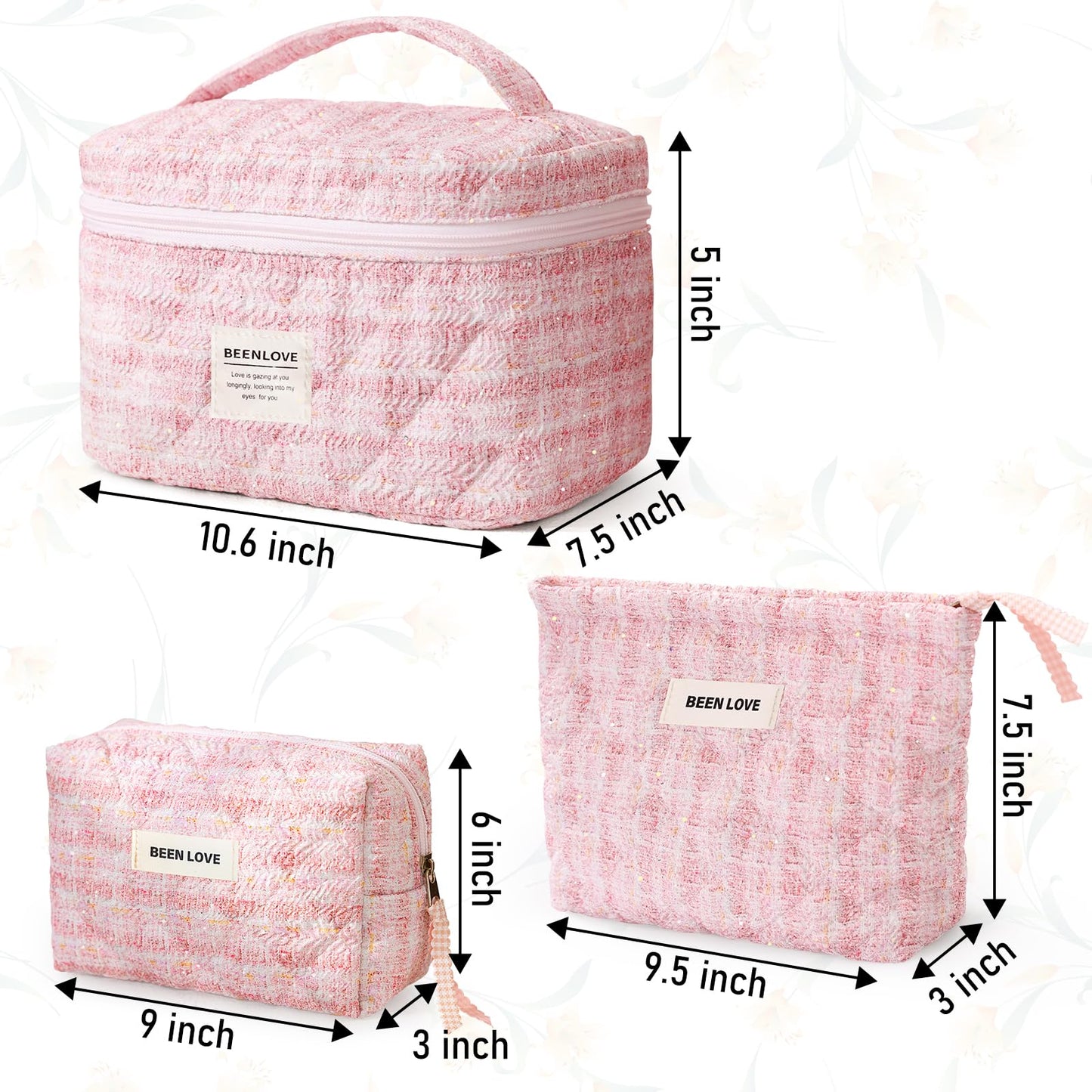 Large Makeup Bag Floral Cosmetic Bag Quilted Flower Travel Makeup Toiletry Bags Set Organizer Cotton Cute Make Up Accessories Zipper Bags Pouch Travel Essentials Gifts for Women Teen Girls Pink