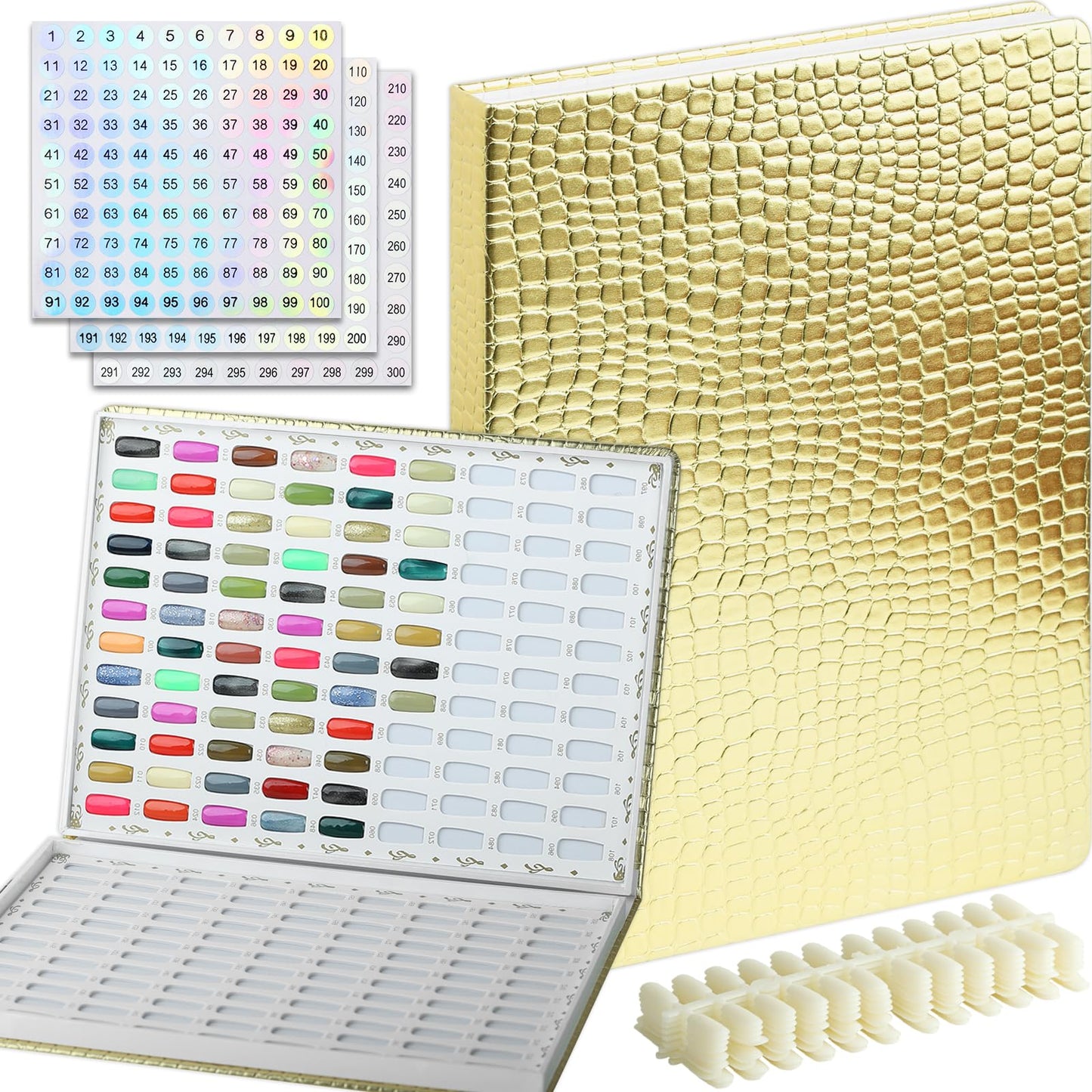 C12rtive 216 Nail Display Book with 240 Nail Tips & 300 Number Labels, Professional Gel Polish Nails Art Design Swatches Book (Silver)