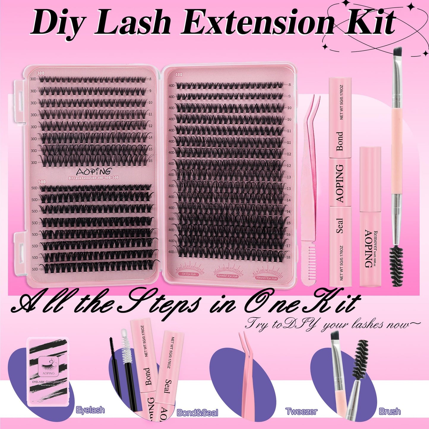 Lashes Extension Kit 640pcs False Eyelashes Clusters 30D+40D+50D, DIY Individual Lash Kit 8-18mm with Eyelash Tools Set