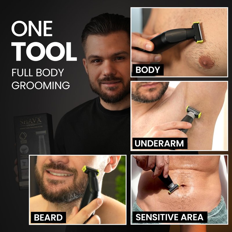 Body Hair Trimmer for Men Electric Shaver for Pubic & Groin Hair Ball Groomer, Beard, Chest, Legs, Sensitive Areas, with Skin-Safe Dual Blades, Waterproof Wet-Dry IPX6 Rechargeable USB-C, 3 Combs