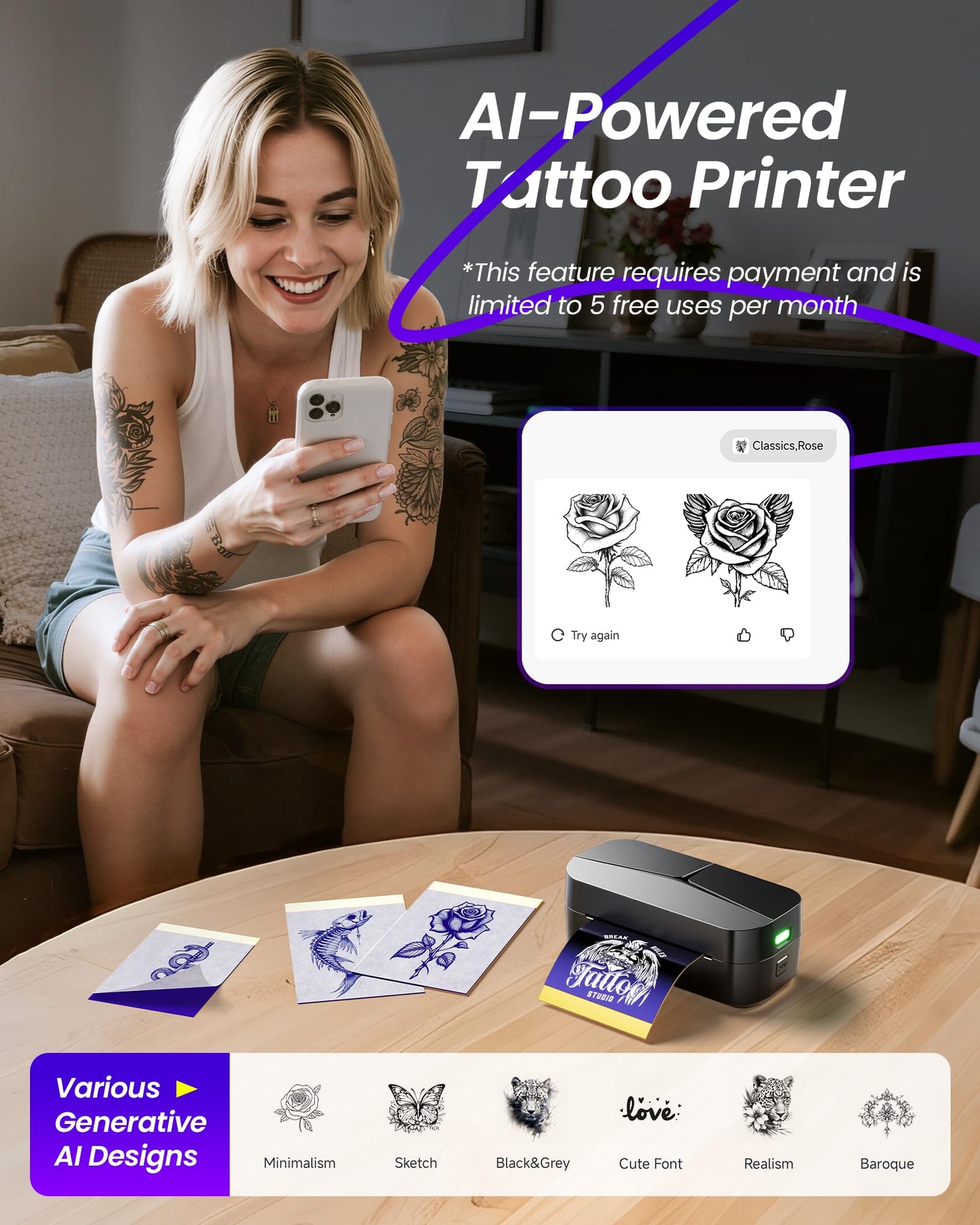 TATTMUSE Tattoo Stencil Printer for Beginners, Mini Tattoo Printer with 30 Pcs Transfer Paper, Bluetooth Stencil Printer Compatible with Phone & Tablet, Tattoo Machine Kit for Professional