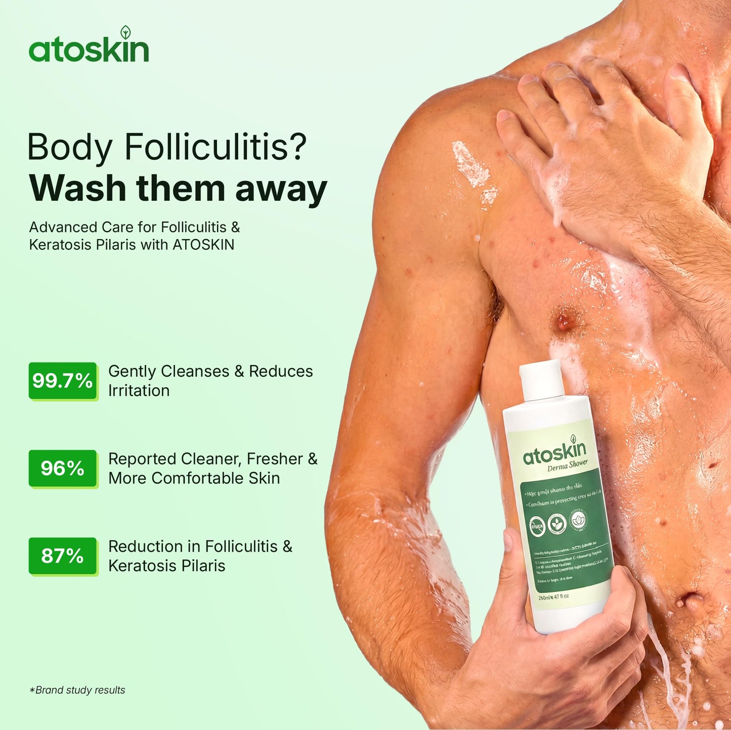 Atoskin Derma Shower – Advanced Folliculitis Body Wash with Rosemary & Ricobio JA7 Herbal Extracts, Reduce Back Acne & Keratosis Pilaris, Gentle Formula for Sensitive Skin (9.47 oz)