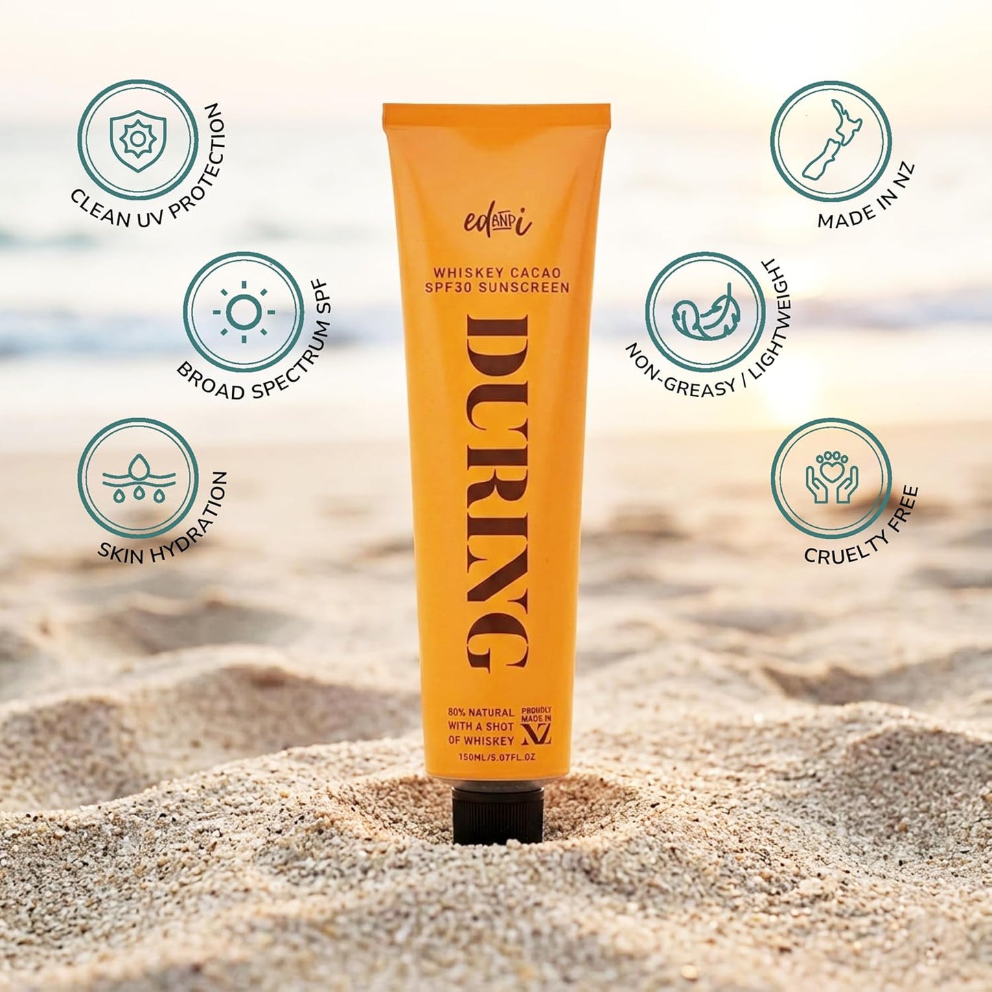 ed&i Sunscreen Lotion SPF 30 - Broad Spectrum UVA/UVB Protection, Moisturizing & Lightweight | Whiskey Cacao Scent - 5.07 oz