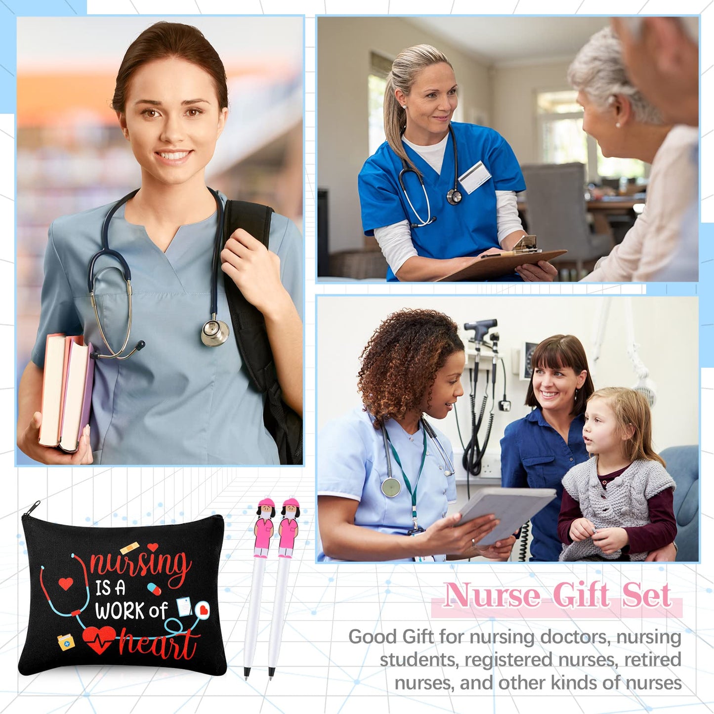 LEIFIDE 24 Pcs Nurse Week Gifts Bulk 2026 Rn Nurses Appreciation Gift for Women Include 12 Canvas Makeup Cosmetic Bag with Zipper and 12 Ballpoint Pen Accessories for Graduation(Adorable Style)