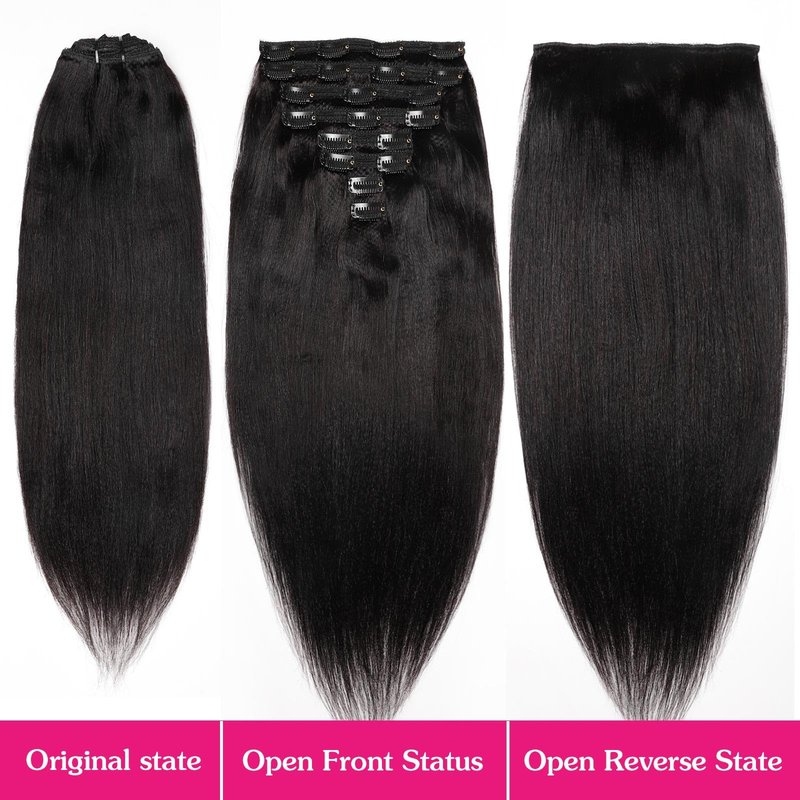 18inch Light Yaki Straight Clip ins, 120G Full Head Real 100% Human Hair Clips for Women Seamless Yaki Clip in Hair Extensions for Thin Hair Natural Black 8Pcs Hair Pieces with Secure Clips