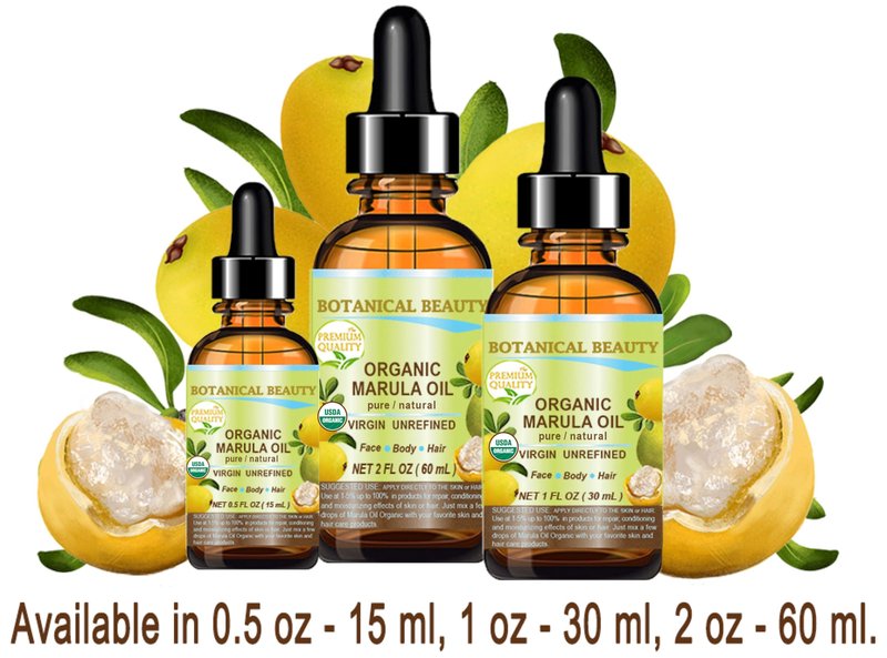 Botanical Beauty Organic MARULA OIL WILD GROWTH 100% Pure Natural Virgin, Unrefined Cold-Pressed Moisturizer for FACE, DRY SKIN, BODY, DAMAGED HAIR, NAILS, Anti-Aging (2 Fl Oz)