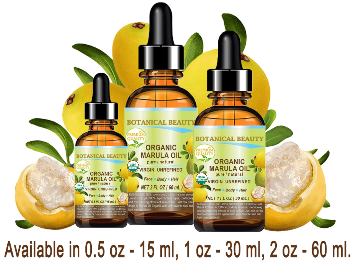 Botanical Beauty Organic MARULA OIL WILD GROWTH 100% Pure Natural Virgin, Unrefined Cold-Pressed Moisturizer for FACE, DRY SKIN, BODY, DAMAGED HAIR, NAILS, Anti-Aging (2 Fl Oz)