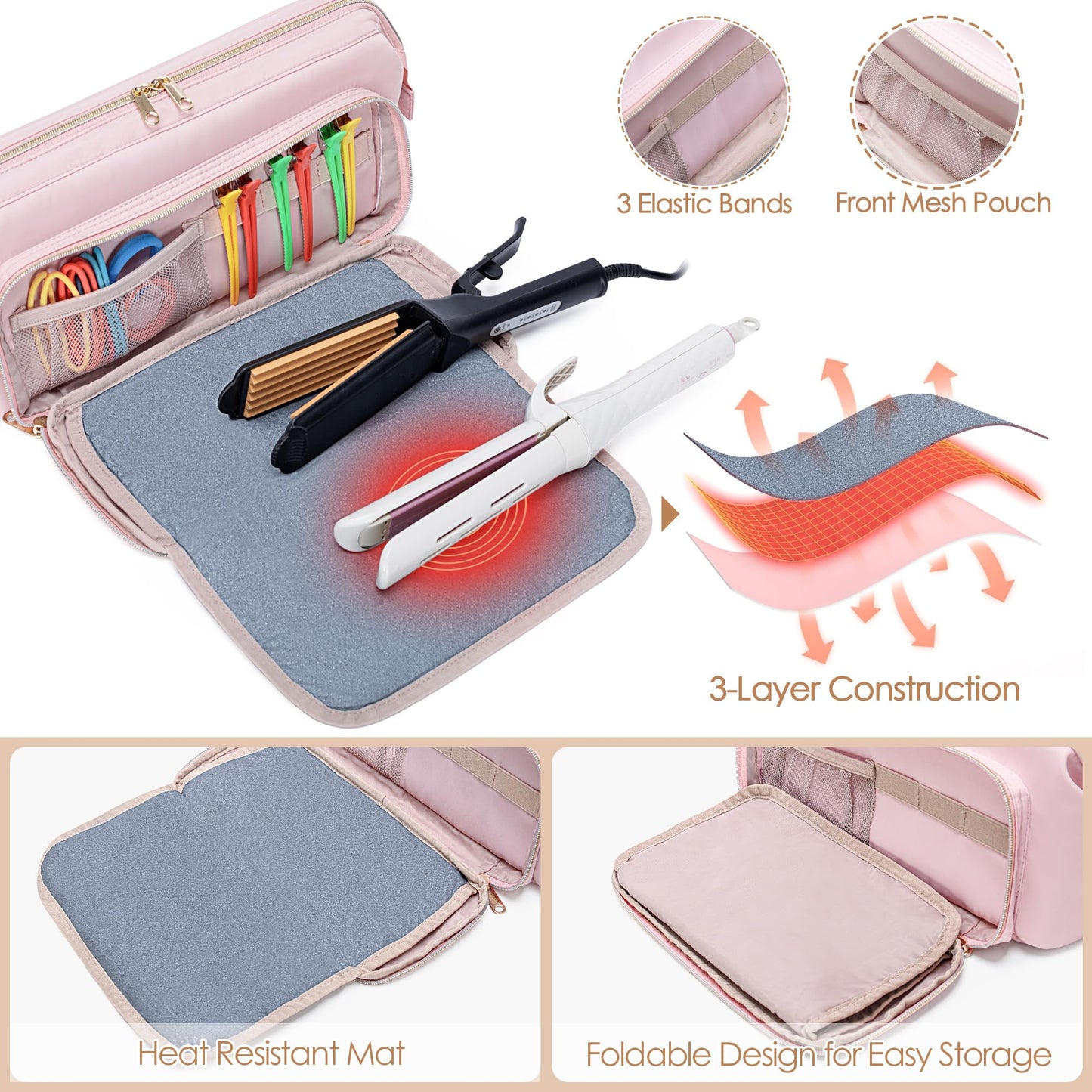 Fasrom Hair Tools Travel Bag with Heat Resistant Mat for Flat Iron, Curling Iron and Hair Straightener, 2 in 1 Hair Dryer Travel Case to Organize Hair Styling Tools, Pink (Patent Design)