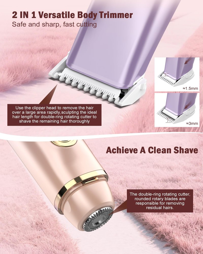 HUIJUTCHEN Bikini Trimmer for Women - 2 in 1 Dual Head Bikini Shaver, Painless Electric Razors for Silk Skin, Ceramic Blade, Waterproof Wet & Dry Use Body Hair Removal for Trip（Purple）