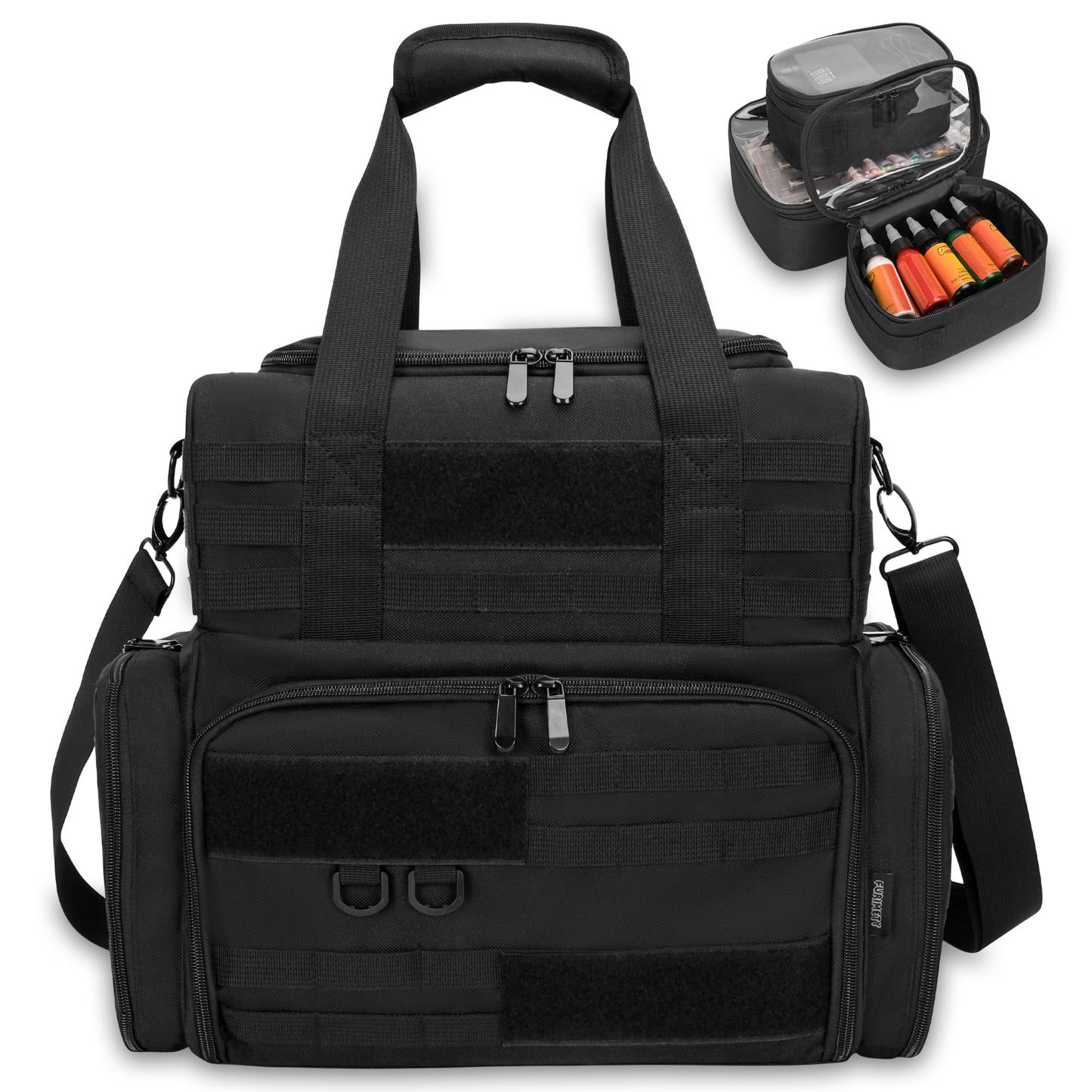 FURIMETY Large Tattoo Travel Case with 3 Inner Removable Pouches, Molle System Tattoo Bag for Equipment and Supplies, Tactical Tattoo Case with Shoulder Strap for Stencil Printer, Black
