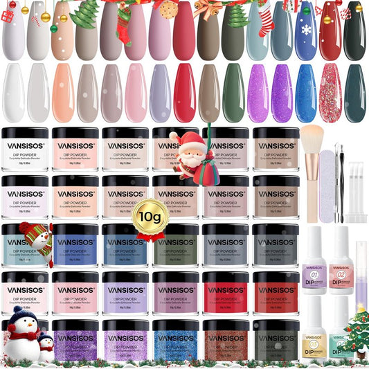 VANSISOS Dip Powder Nail Kit: 30-Color Set with Glitter Pink and More Colors Dip Powder Liquid Set Base Top Coat Activator Starter Kit for DIY At Home for French Manicures