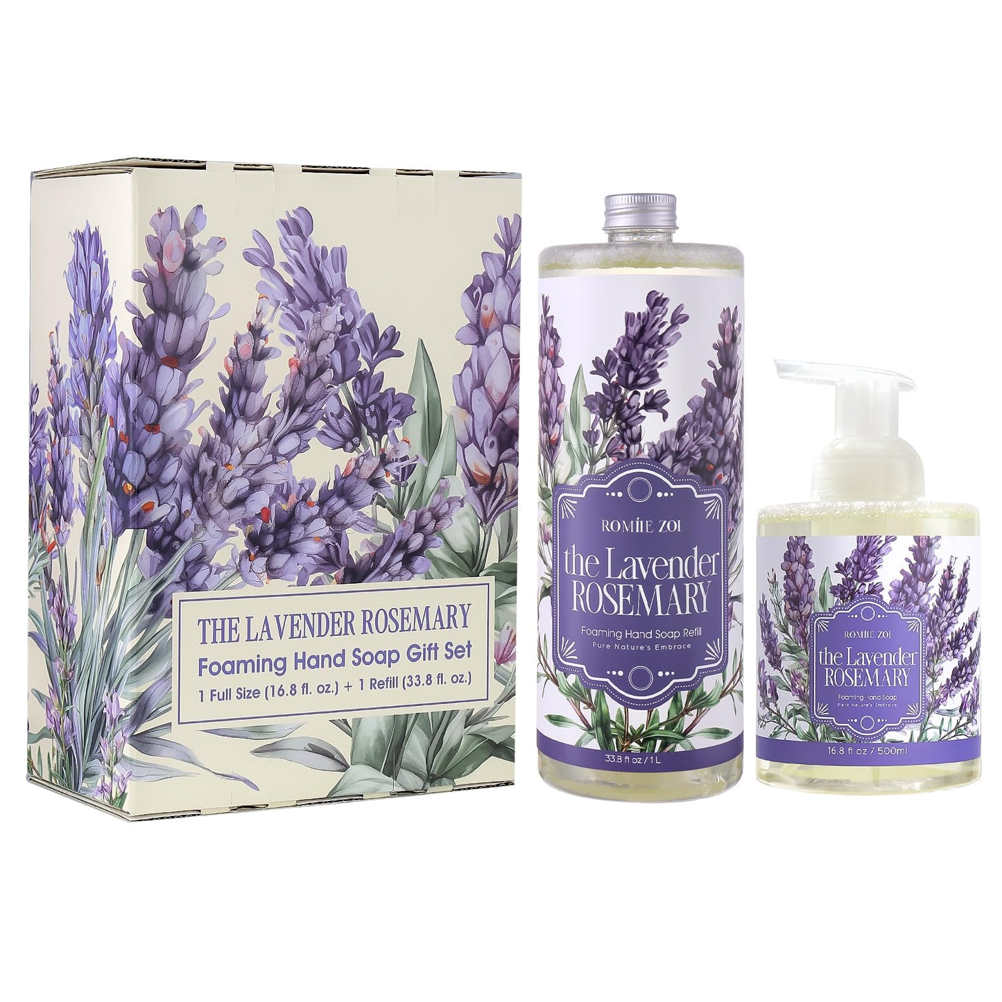 ROMIIE ZOI Foaming Hand Soap Gift Set, 1000ml Refill+500ml Foaming Soap, Cruelty-Free, Biodegradable Formula with Essential Oils for Sensitive Skin, Lavender Rosemary Scent, For Kitchen & Bathroom