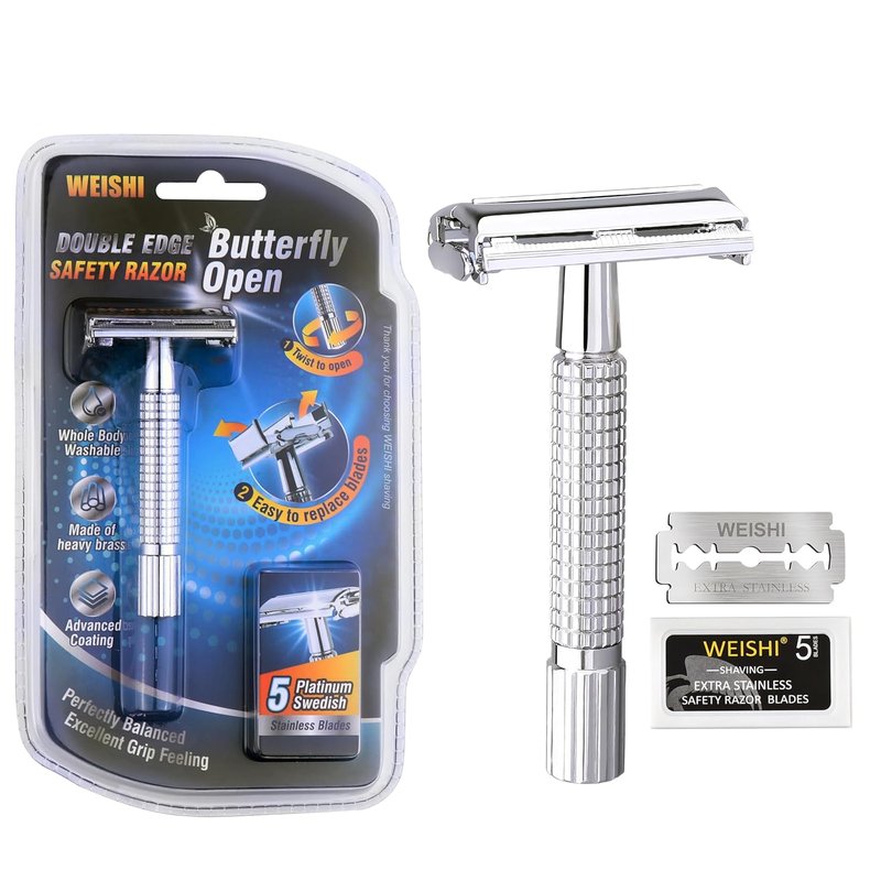**WEISHI Butterfly Double Edge Safety Razor - Chrome Short Handle with 5 Stainless Blades for a Smooth Wet Shave**
