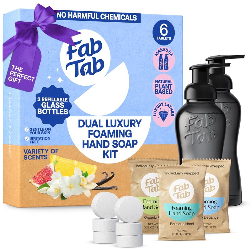 FabTab Dual Foaming Hand Soap Kit - 6x Plant-based Hand Wash Tablets -Convenient & Easy To Use 2x Refillable Glass Bottles - Variety Fragrances - (6x11.9 Fl Oz Bottles Of Soap)