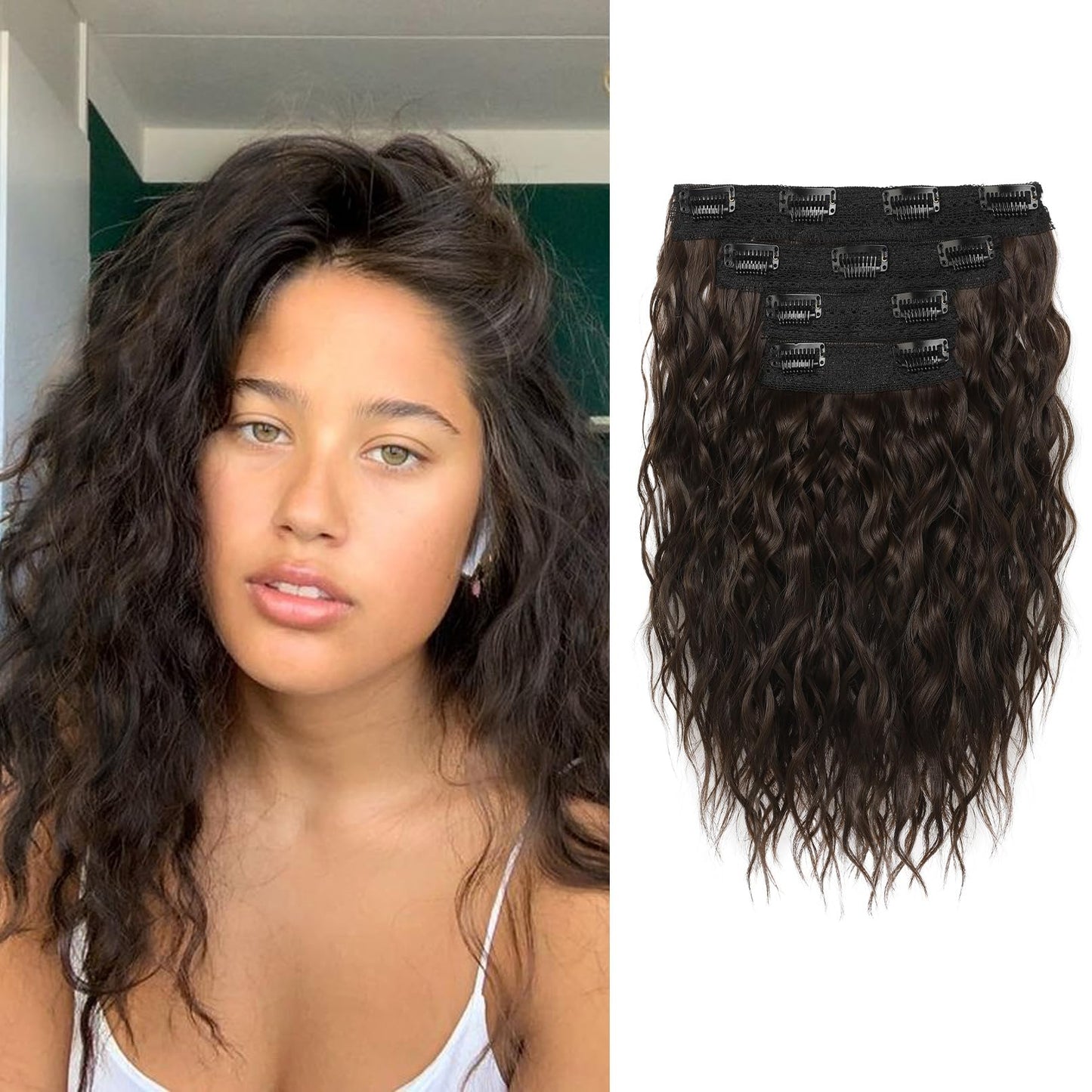 REECHO Clip in Hair Extensions, 4PCS 12" Short Curly Wavy Blonde Hair Extensions, Invisible Lace Weft, Natural Soft Hairpieces for Women - Dark Brown