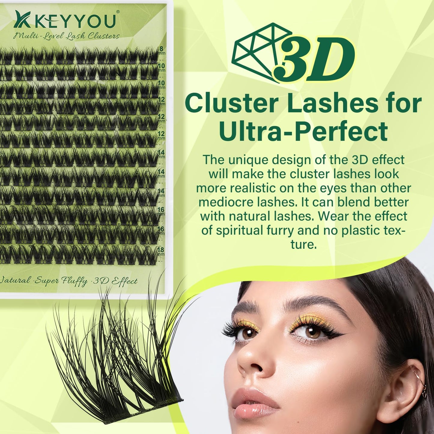KEYYOU Lash Clusters 3D Effect Eyelash Clusters 108pcs D Curl PuffSilk V3D05 Wispy Lashes Cluster Lashes Natural Soft DIY Lash Extension at Home(PuffSilk V3D05-D-8-18MIX)