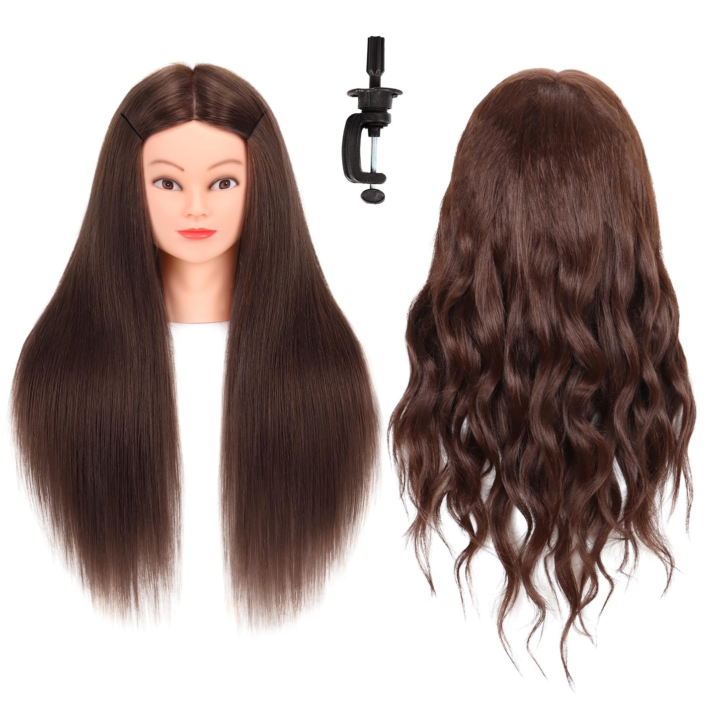 Mannequin Head with Hair 80% Real Human Hair 26-28'' Cosmetology Mannequin Head for Styling Practice on Braiding Manikin Head with Clamp Stand and Tools (Dark Brown)