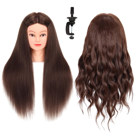 Mannequin Head with Hair 80% Real Human Hair 26-28'' Cosmetology Mannequin Head for Styling Practice on Braiding Manikin Head with Clamp Stand and Tools (Dark Brown)