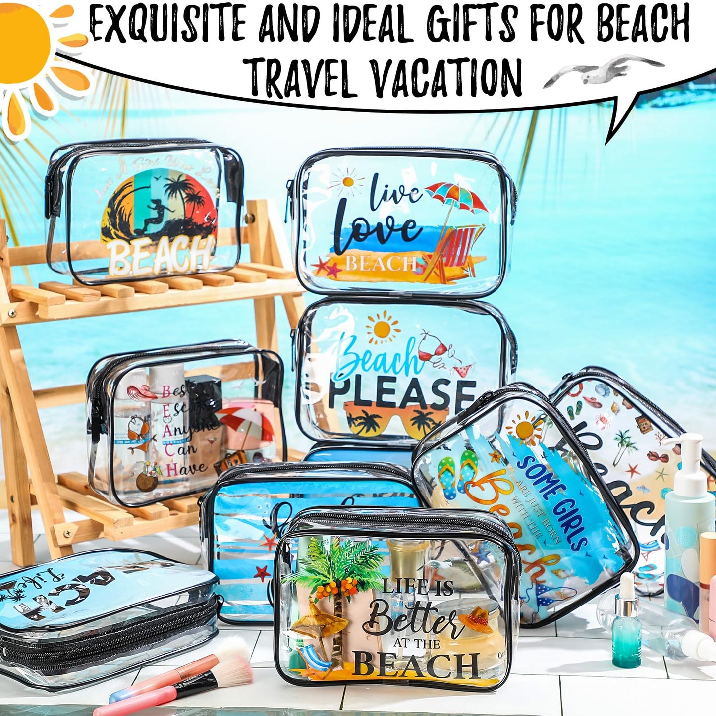 Kacctyen 10 Pcs Beach Clear Makeup Bags Gift for Women Clear Toiletry Bag Beach Cosmetic Bags Waterproof Travel Multifunction Pouch for Friend Sister Nurse Vacation Organization