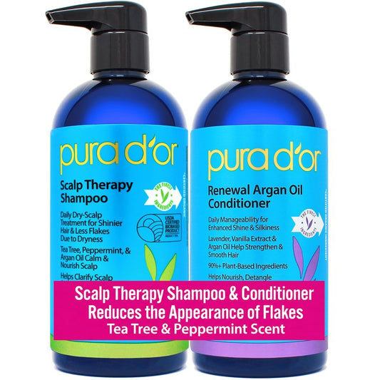 PURA D'OR Scalp Therapy Shampoo & Conditioner Set (16oz x 2) Dry, Itchy Scalp-Hydrates & Nourishes Hair w/Tea Tree, Peppermint, Argan Oil & Biotin, All Hair Type, Men Women (Packaging Varies)