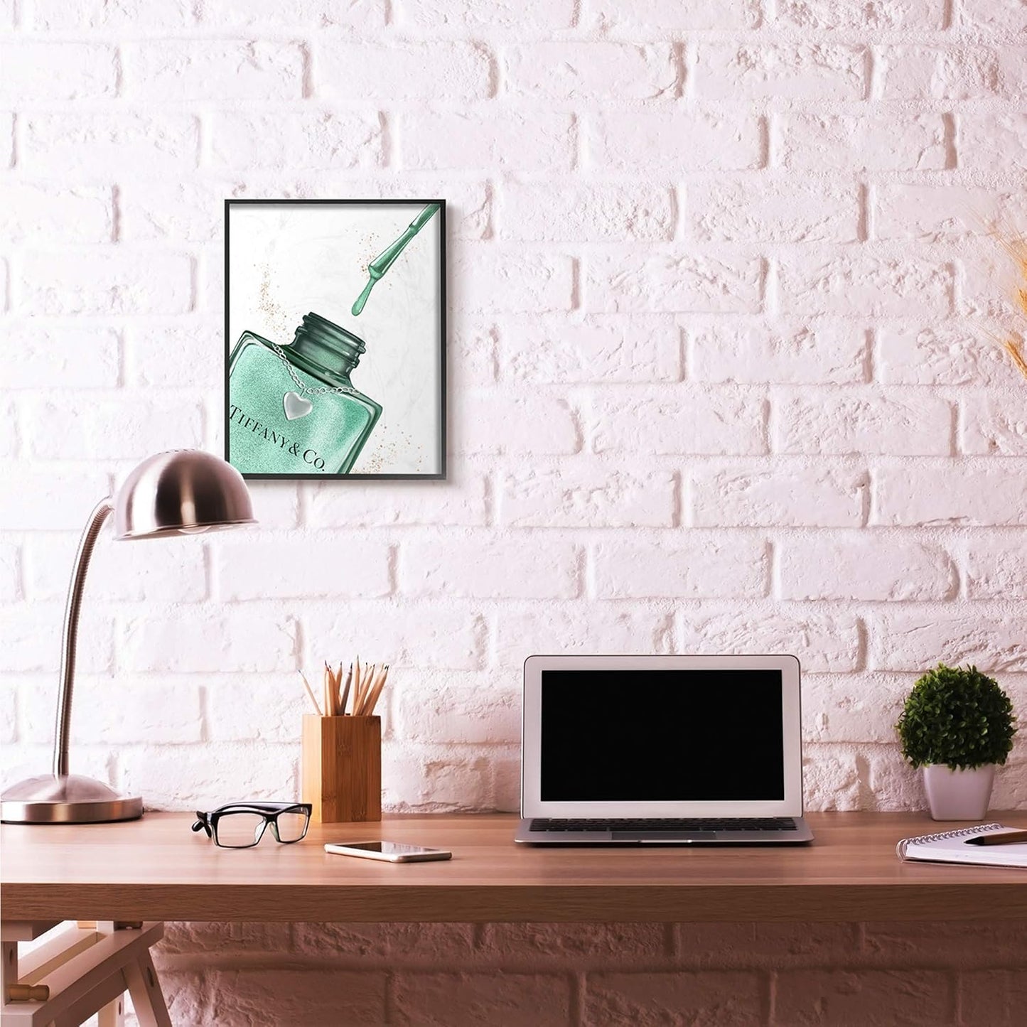 Framed Giclee Art - Makeup Nail Polish Brush Cyan Drip | 16x20 Inches, Easy to Hang