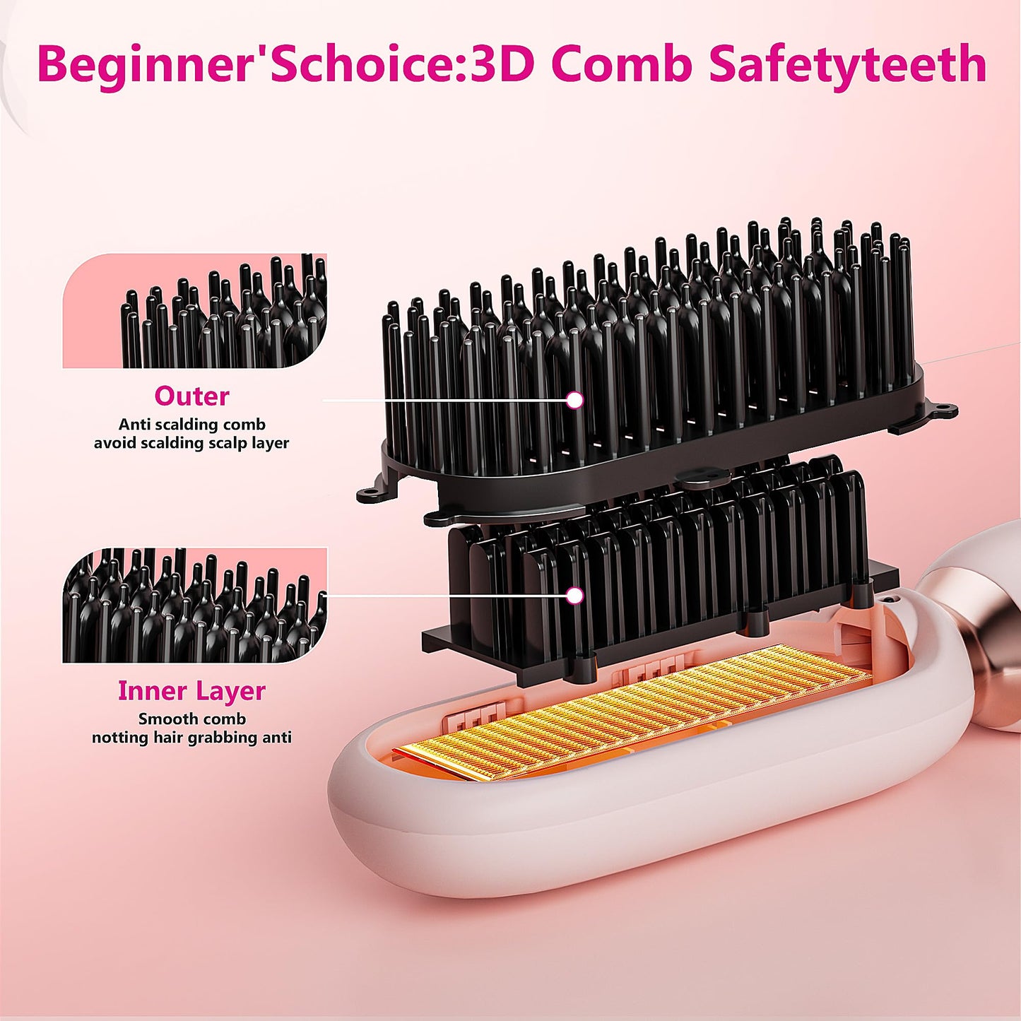VAGARY Cordless Hair Straightener Brush,Portable Straightening Brush for Travel, 30s Fast Heat,3 Temp Settings,300 Million Negative Ions,USB Rechargeable,Anti-Scald Design Suitable for Thick,Thin Hair