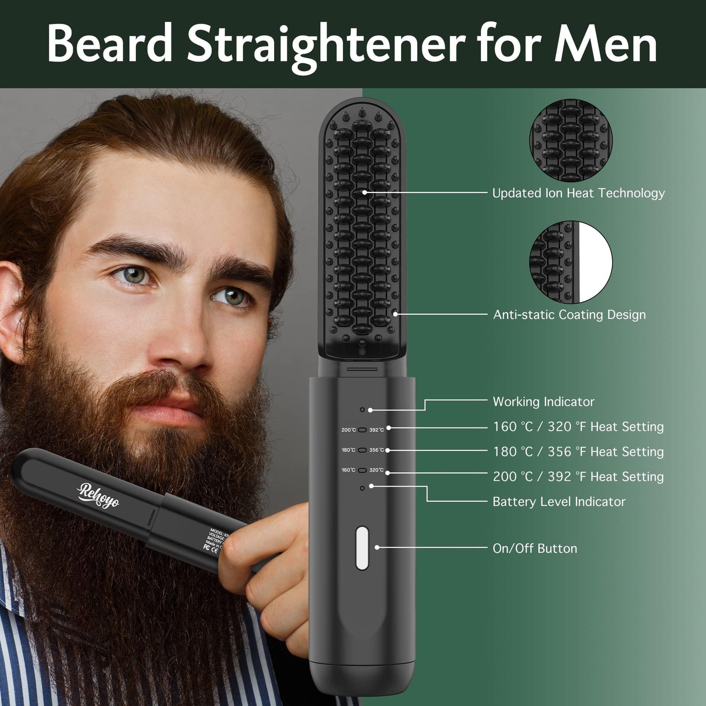 Beard Straightener for Men, Portable Cordless Heated Hair & Beard Straightening Brush with Anti-Scald & Ionic Technology, 3 Temperature Setting Comb for Home Travel
