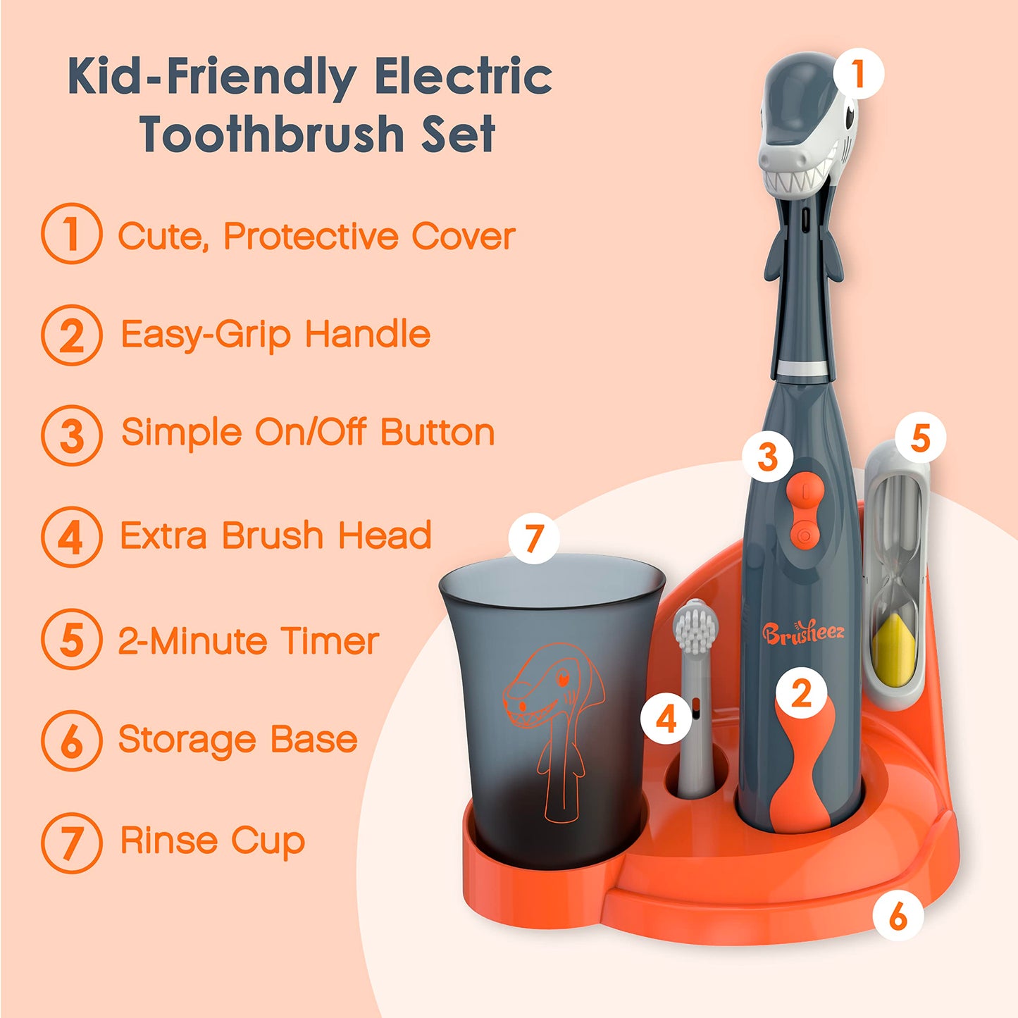 Brusheez Kid's Electric Toothbrush Set & Replacement Heads 2 Pack - Shadow the Shark