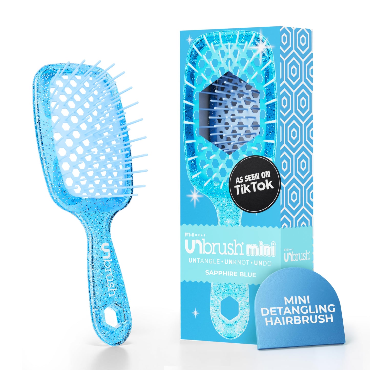 FHI Heat UNbrush Mini Detangler Brush for Pain-Free Brushing on All Wet or Dry Hair Types — Durable Duoflex Anti-Static Bristles, Lightweight Handle, Vented Mini Hair Brush, Sapphire Blue