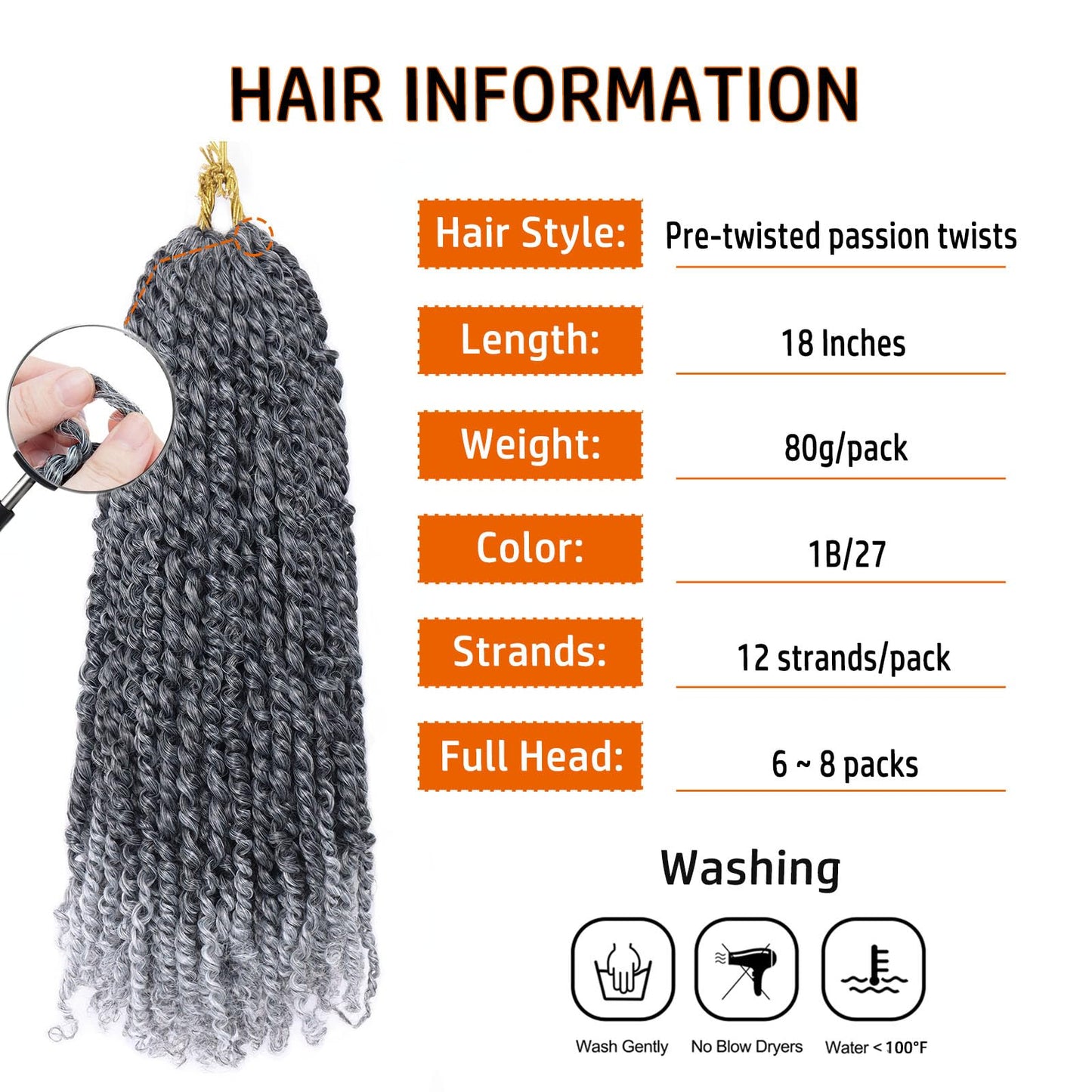 Passion Twist Hair 18 Inch Pre-twisted Passion Twist Crochet Hair for Women Pre-looped Water Wave Crochet Braids Bohemian Curly Crochet Hair Synthetic Hair Extensions 8 packs 1B/Gray