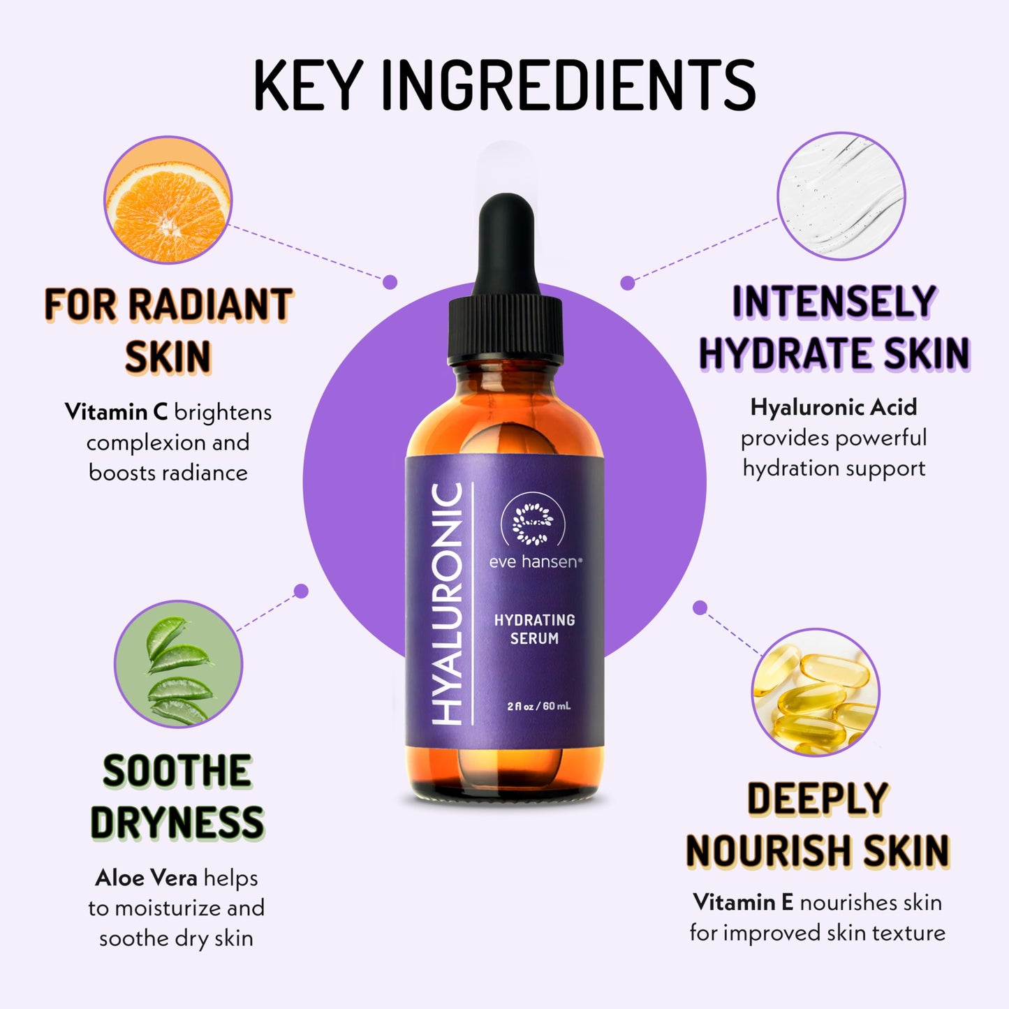 Eve Hansen Hyaluronic Acid Serum for Face | Hydrating Serum with Vitamin C & E | Anti-Aging Facial Moisturizer for Plumping & Wrinkle Care | Vegan & Cruelty-Free | 2 oz