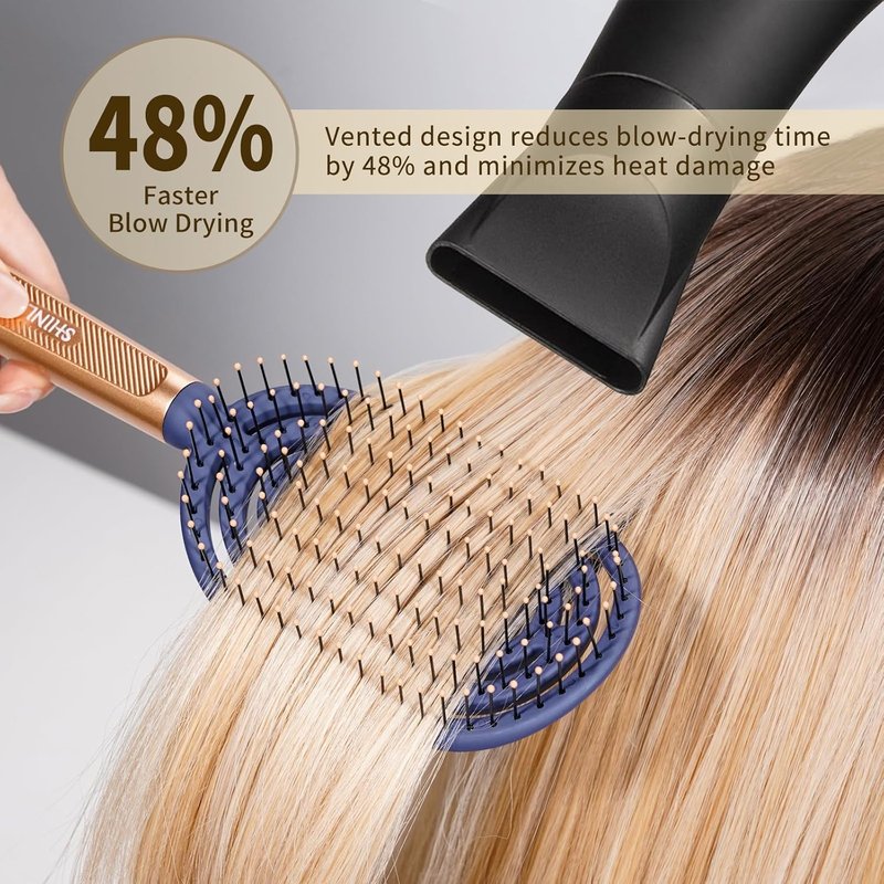 Speed Dry Detangler Brush - Spiral Vented Design for Wet Hair | Metal-Infused Gold Handle, Curved with Soft Bristles