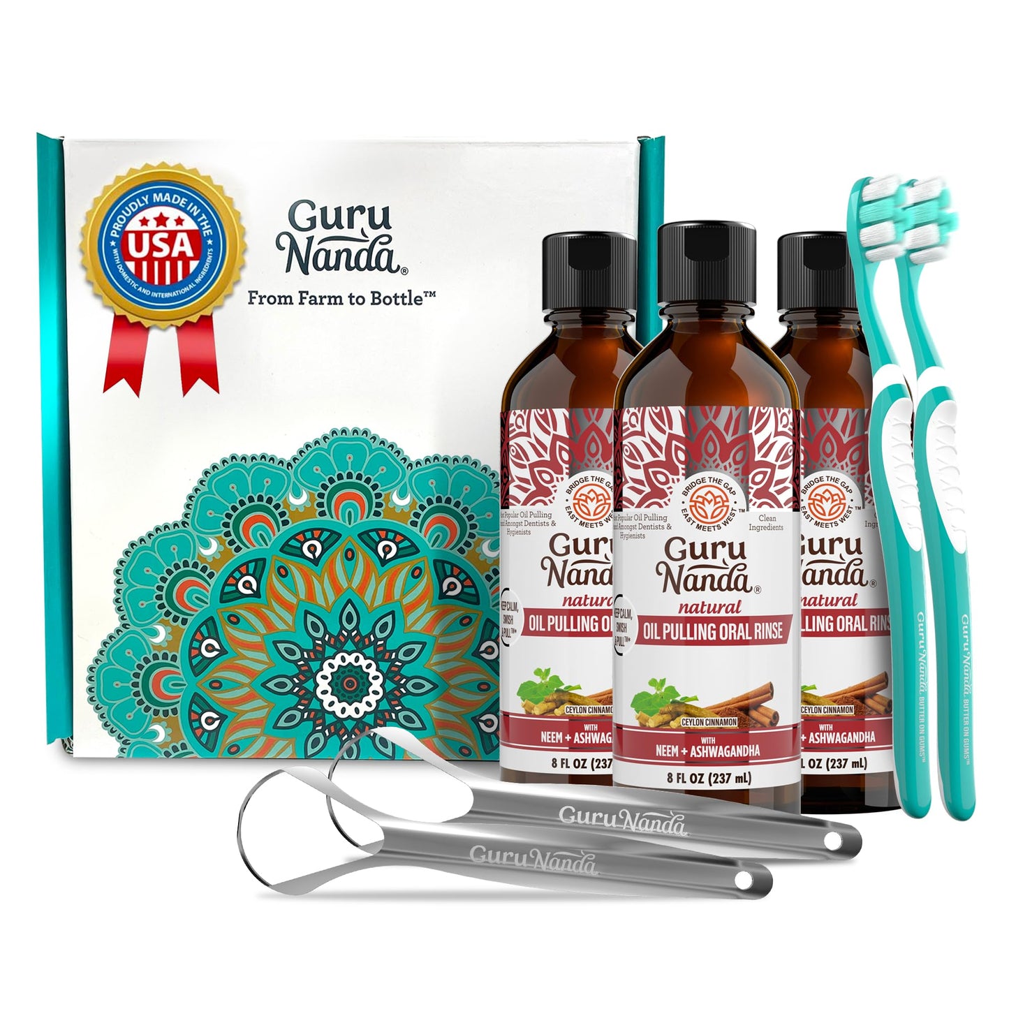 GuruNanda Cinnamon Oil Pulling Mouthwash, Promotes Calmness, with Neem & Ashwagandha for Fresh Breath & Happy Gums, Alcohol-Free, with Toothbrush & Tongue Scraper, 3X8 Oz
