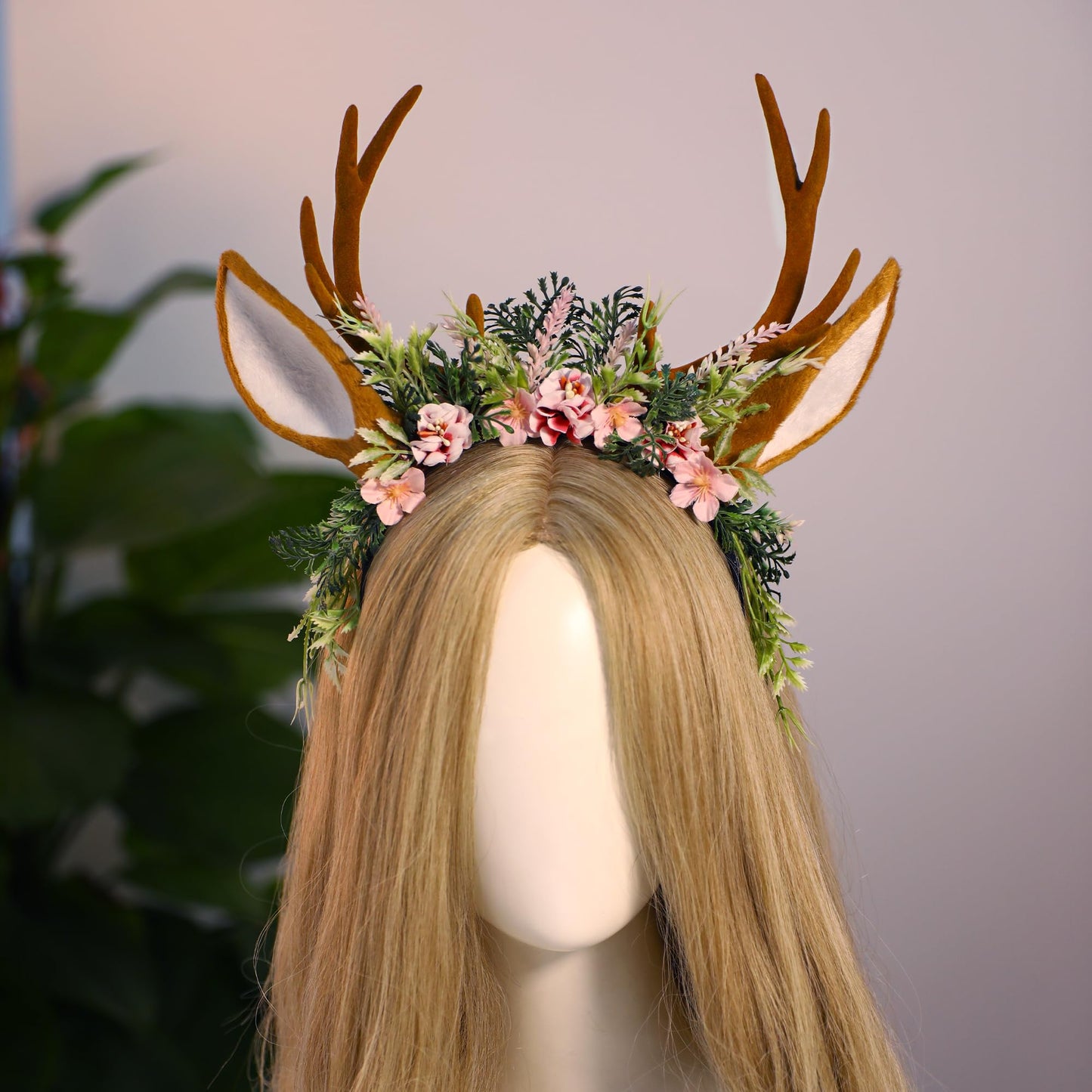MOSTORY Handmade Antler Headband Brown - Adjustable Reindeer Horns Crown with Ears Fairy Flower Woodland Headpiece for Renaissance Christmas Cosplay Prom Fae Ball Costume Photo Prop