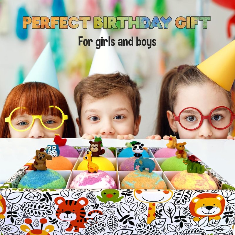 Bath Bombs for Kids - 12 Jungle Animal Surprise Fizzies | Moisturizing & Gentle Rainbow Spa Experience