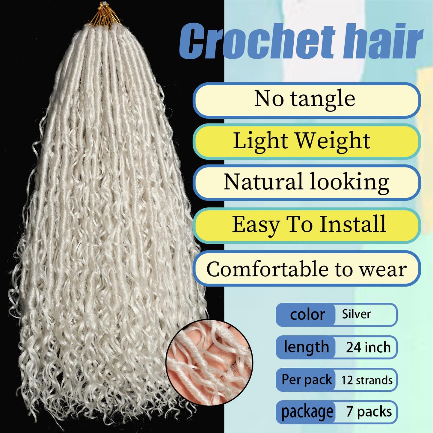 Silver White Goddess Locs Crochet Hair 7-Pack Pre Looped Braiding Hair 84 Strands Grey Bohemian Faux Loc Boho Braids River Loc Dreadlocs Hair for Black Women (Silver white, 24 Inch(Pack of 7))