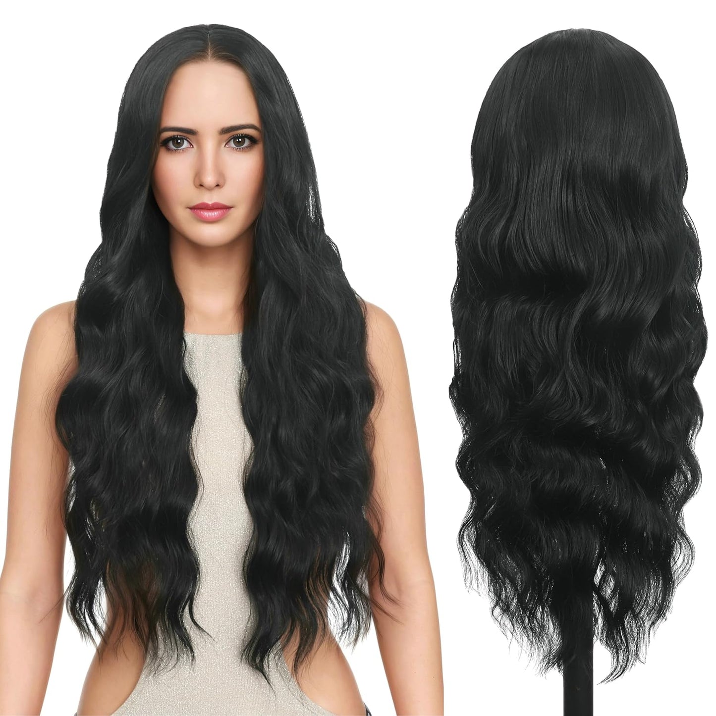 Long Wavy Wig - 30 Inch Black HD Lace Front Synthetic Hair for Women | Versatile Styles for Daily Wear & Cosplay