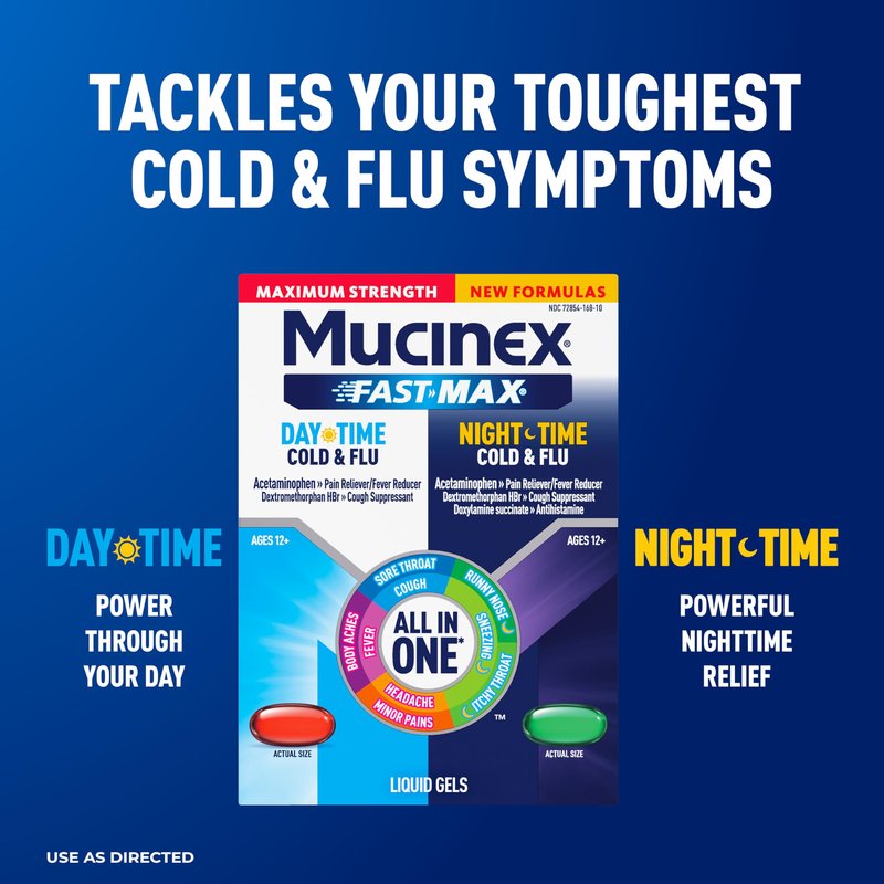 Mucinex Fast-Max Maximum Strength Day & Night Cold and Flu Medicine for Adults, Powerful Over-The-Counter Medication for Cold & Flu Symptoms, Fast Dissolving Liquid Gels, 24 Count