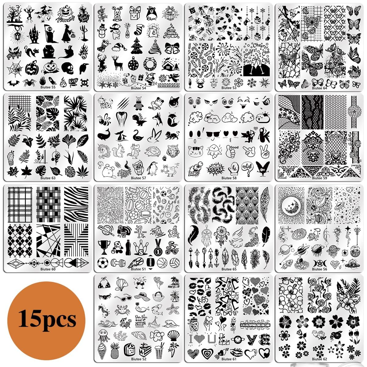 Biutee 15PCS Nail Art Stamping Plate 8 Nail Stamping Gel Polish Nail Stamping Kit Nail Stamper Scraper with Storage Bag, Lace Flower Butterfly Star Design Nail Stamp Template Kit for DIY Nail Art