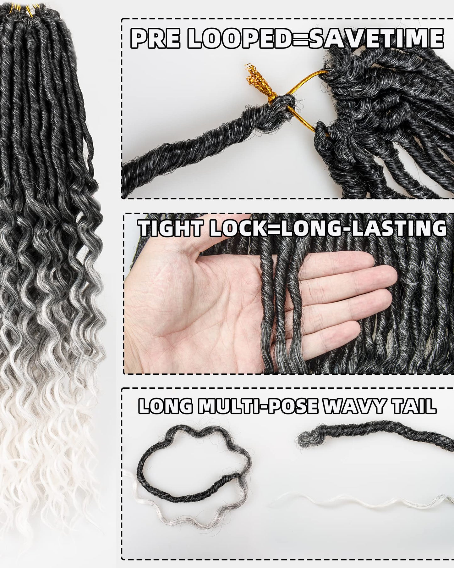 Faux Locs Crochet Hair for Black Women- 24 Inches 8 Packs Pre Looped Ombre Grey to White Synthetic Hair Extensions, Soft Goddess Locs Braids with Long Deep Wave Curly Ends(112 Strands,Tgrey/613)
